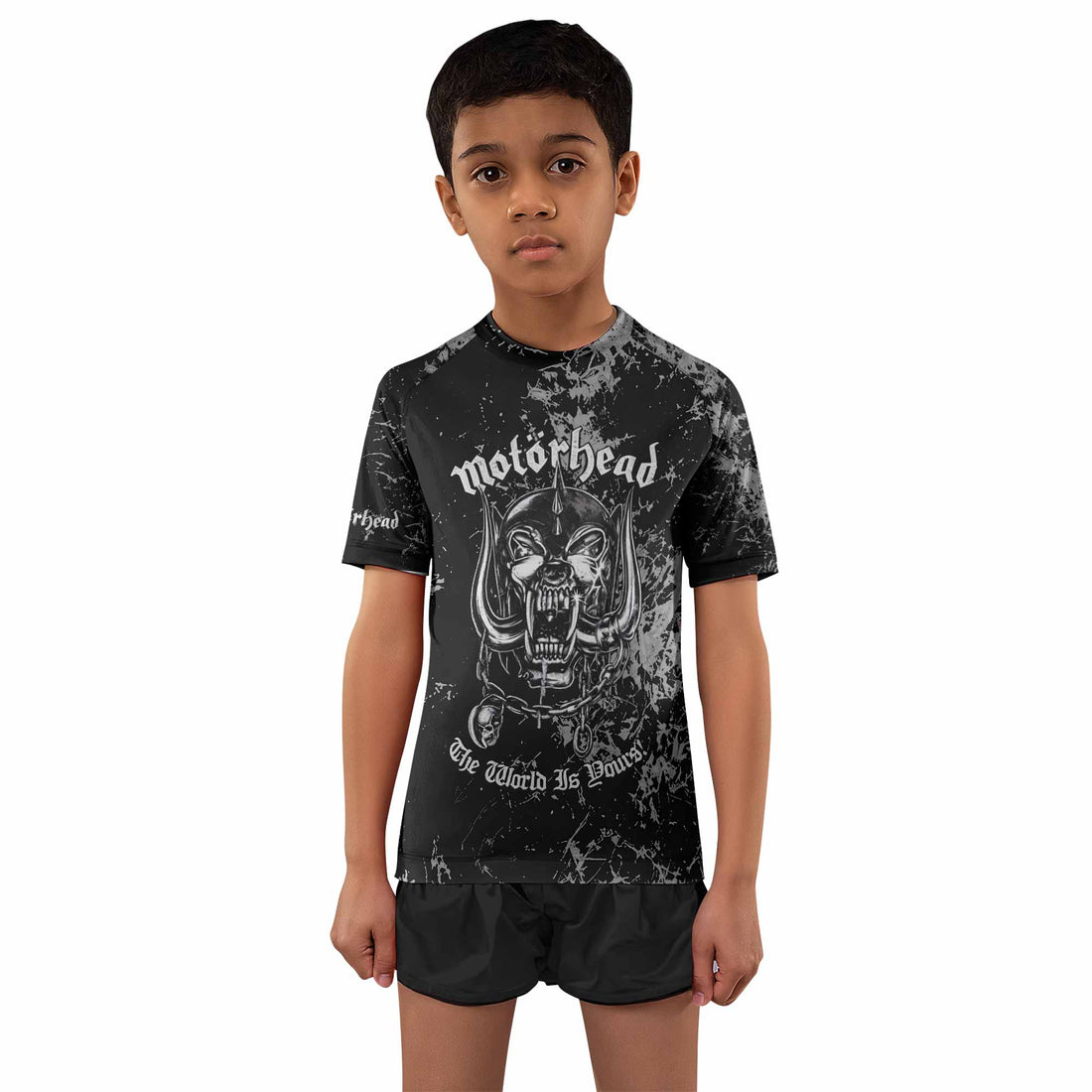 Motörhead The Wörld Is Yours Kids Rash Guard Short Sleeve - boy's lifestyle view
