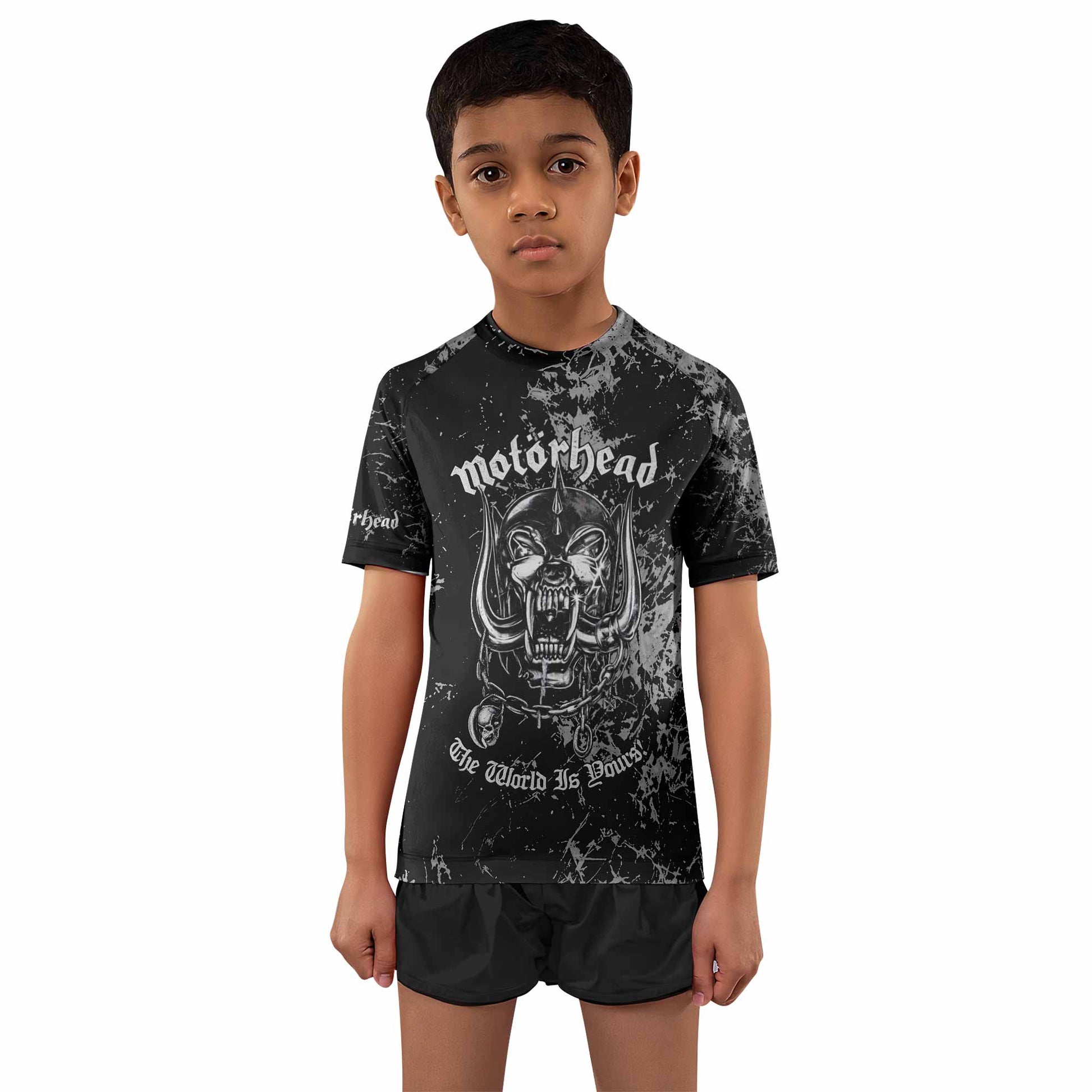 Motörhead The Wörld Is Yours Kids Rash Guard Short Sleeve - boy's lifestyle view