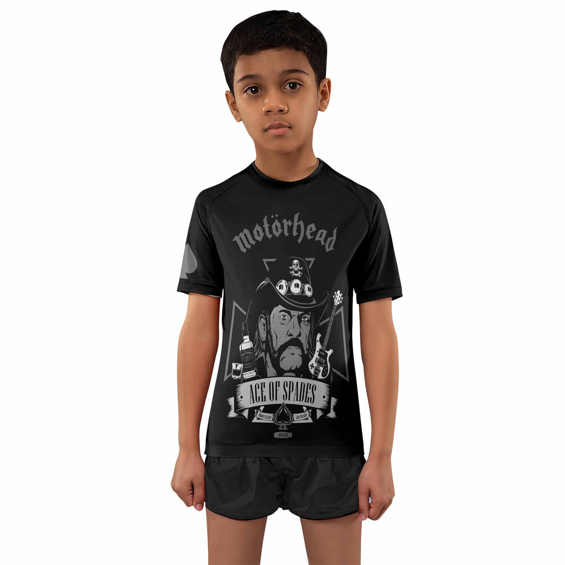 Motörhead Ace of Spades Kids Rash Guard Short Sleeve - boy's lifestyle view