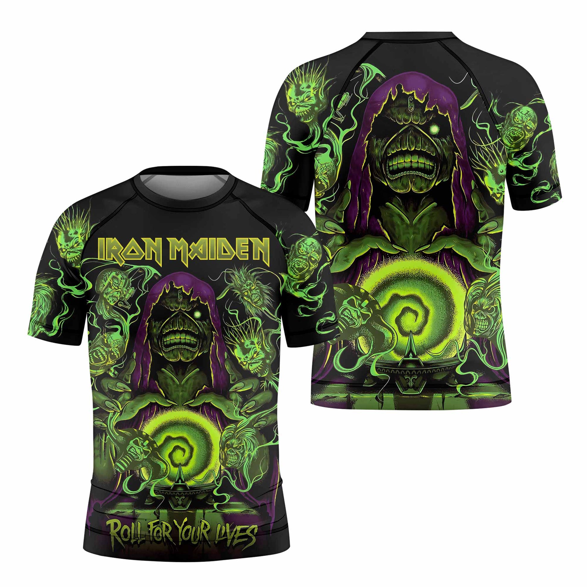 Iron Maiden Run For Your Lives Kids Rash Guard Short Sleeve - front and back view