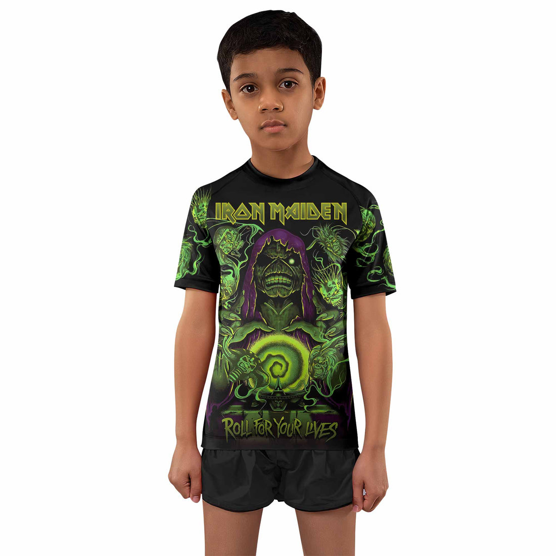 Iron Maiden Run For Your Lives Kids Rash Guard Short Sleeve - boy's lifestyle view