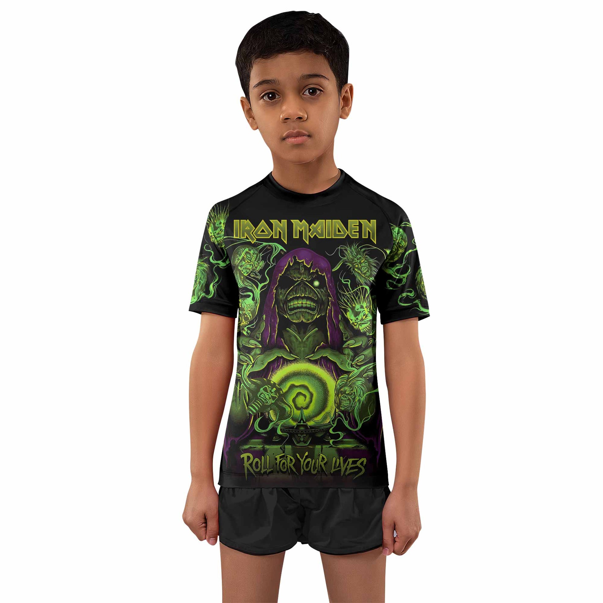 Iron Maiden Run For Your Lives Kids Rash Guard Short Sleeve - boy's lifestyle view