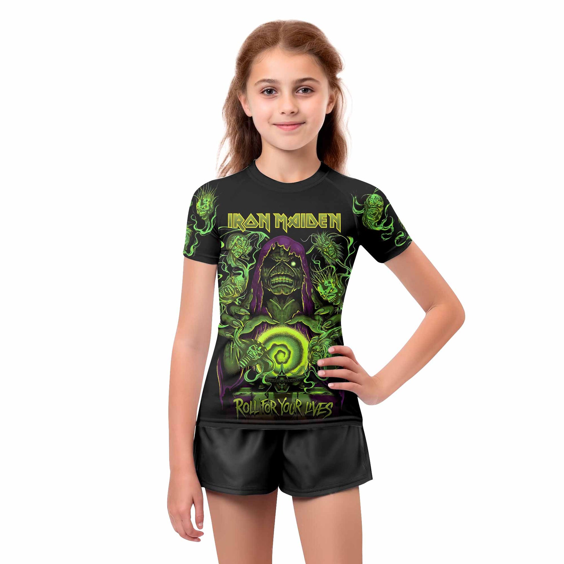 Iron Maiden Run For Your Lives Kids Rash Guard Short Sleeve - girl's lifestyle view