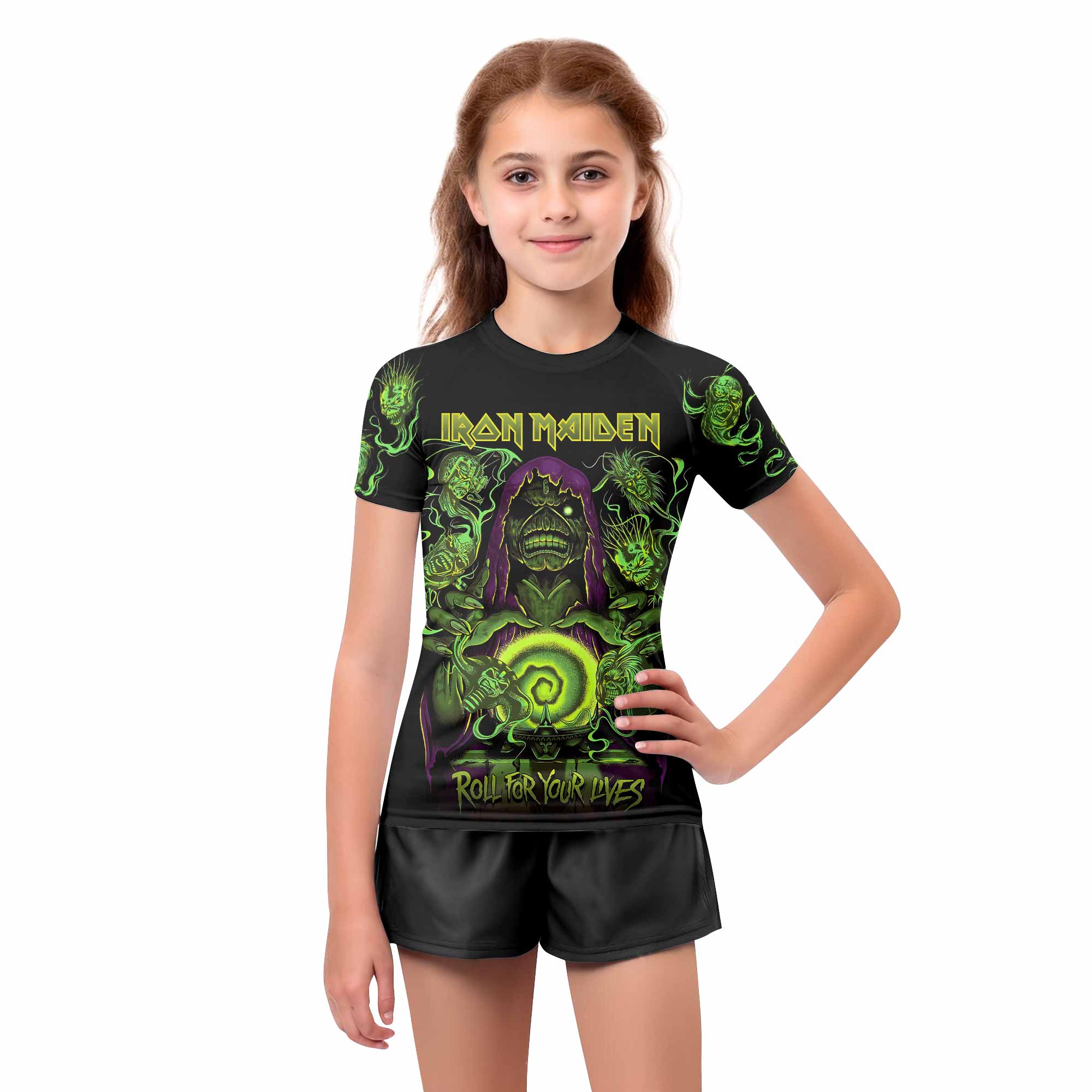 Iron Maiden Run For Your Lives Kids Rash Guard Short Sleeve - girl's lifestyle view