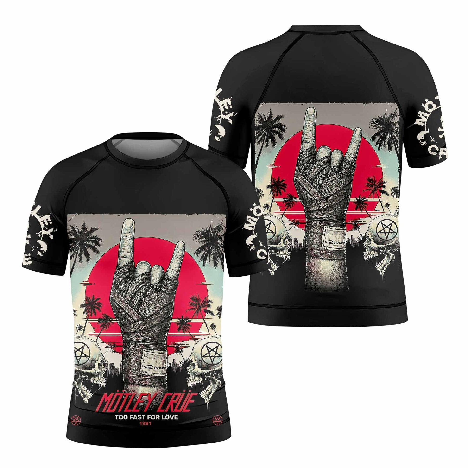 Mötley Crüe Too Fast for Love Kids Rash Guard Short Sleeve - front and back view