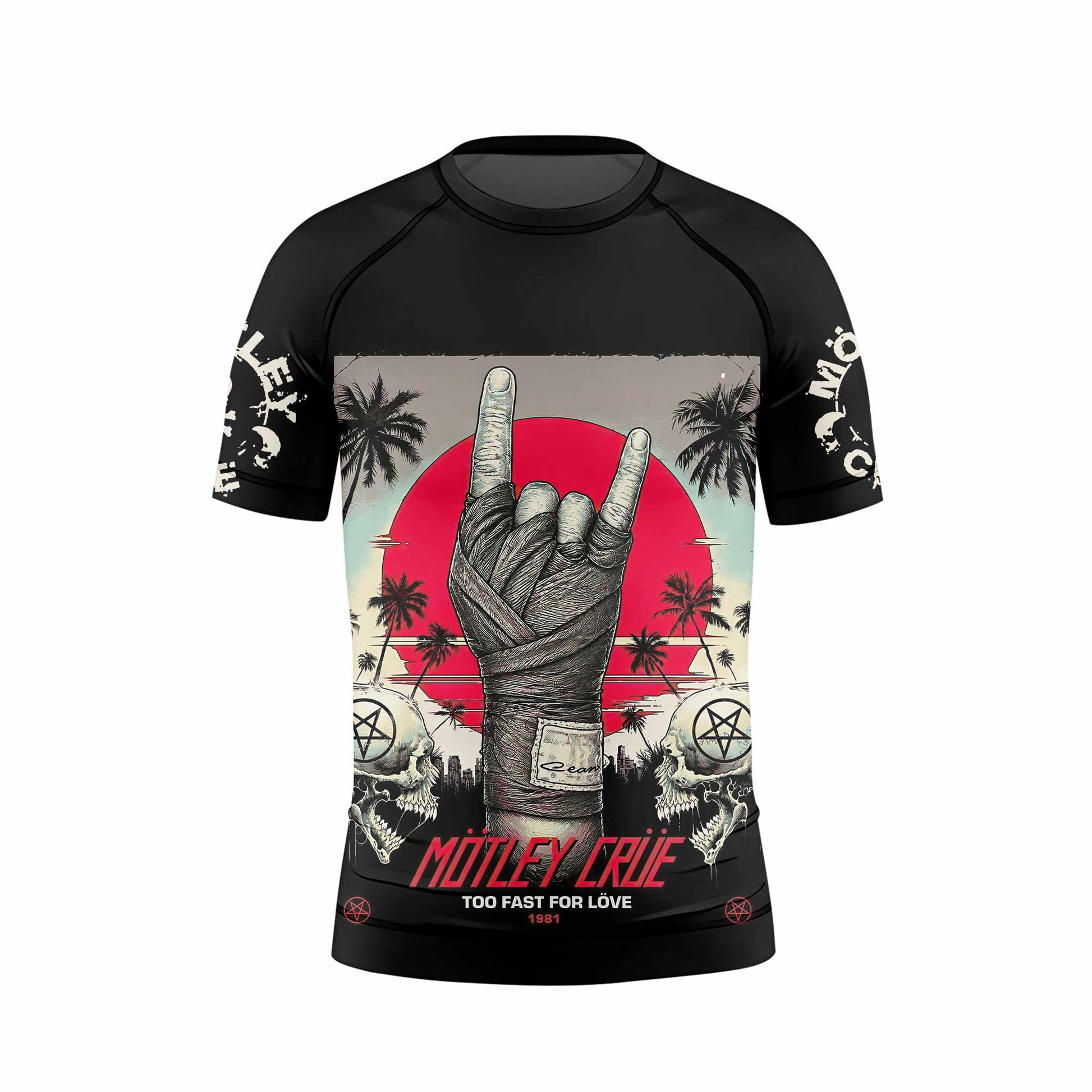 Mötley Crüe Too Fast for Love Kids Rash Guard Short Sleeve - front view mockup