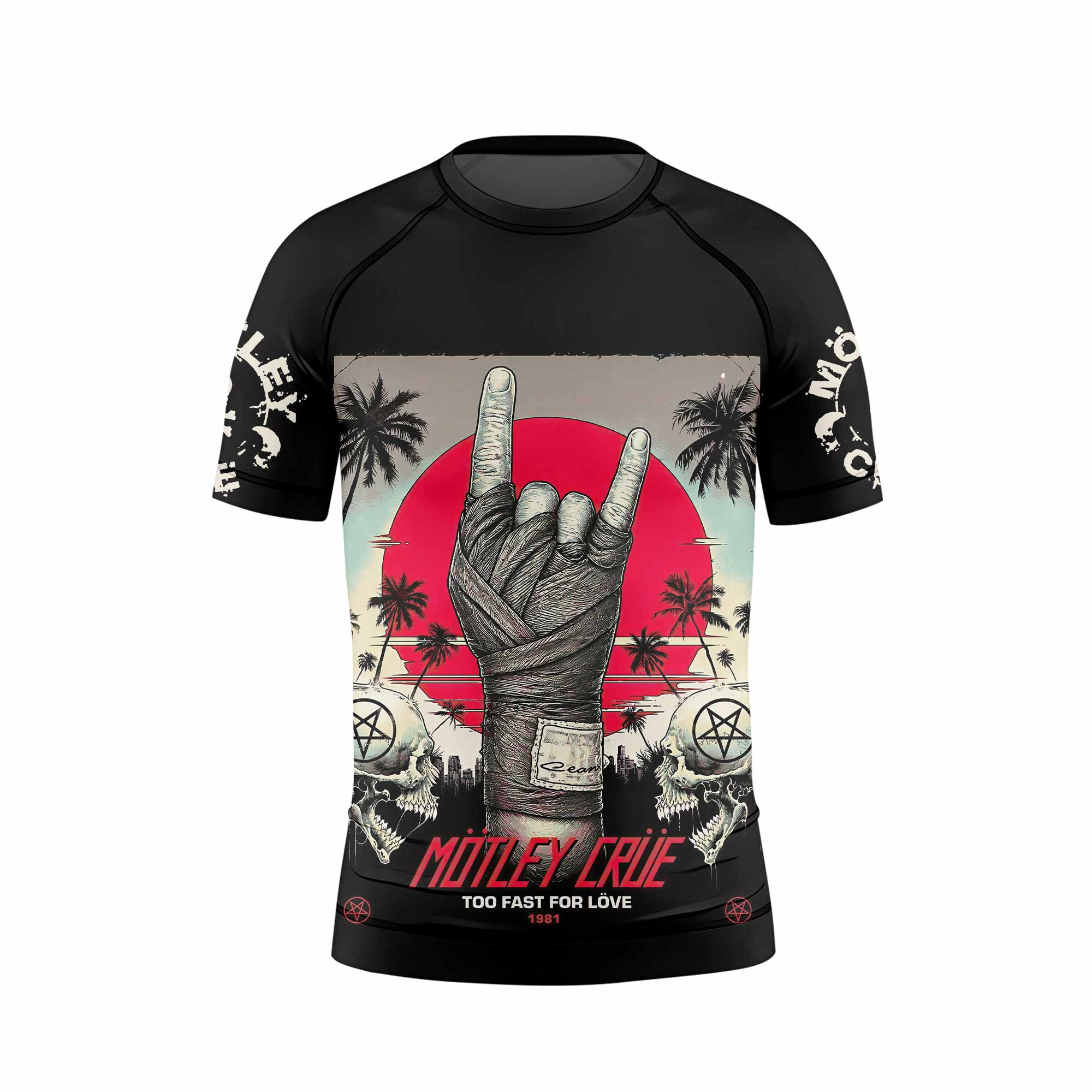 Mötley Crüe Too Fast for Love Kids Rash Guard Short Sleeve - front view mockup