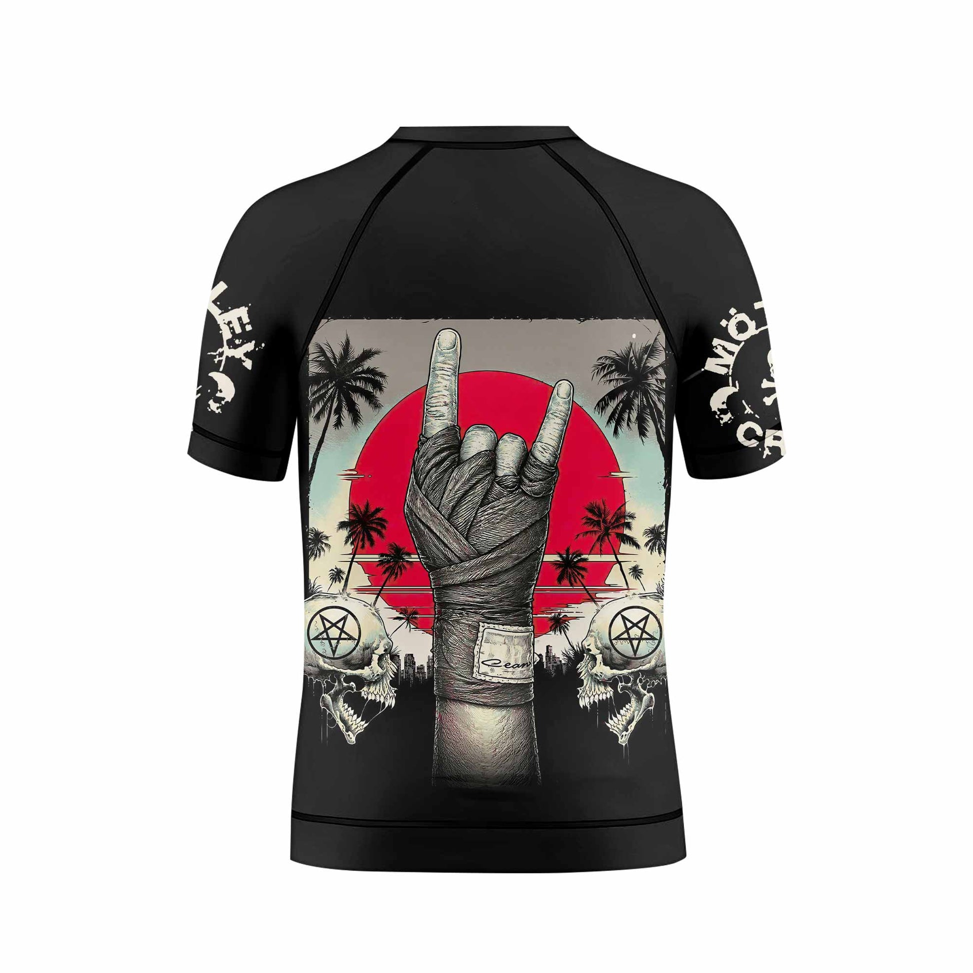 Mötley Crüe Too Fast for Love Kids Rash Guard Short Sleeve - back view mockup