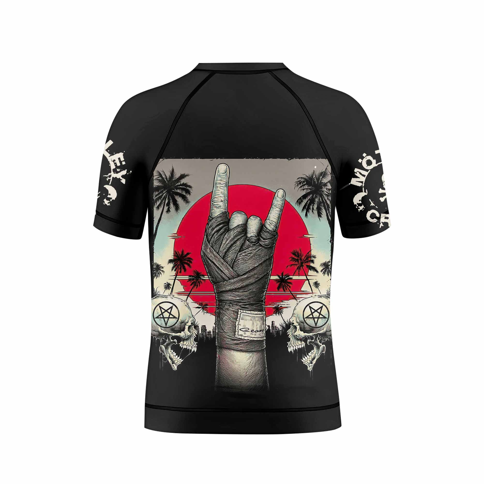 Mötley Crüe Too Fast for Love Kids Rash Guard Short Sleeve - back view mockup