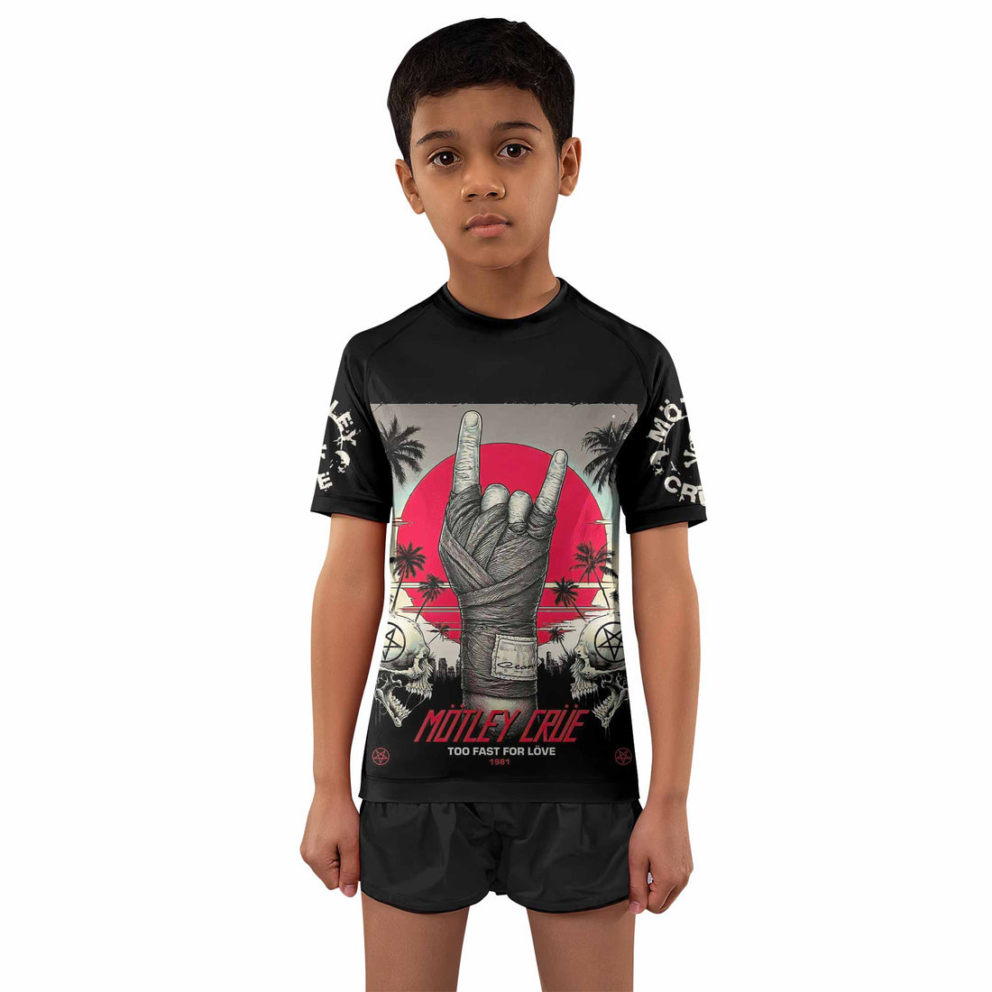 Mötley Crüe Too Fast for Love Kids Rash Guard Short Sleeve - boy's lifestyle view