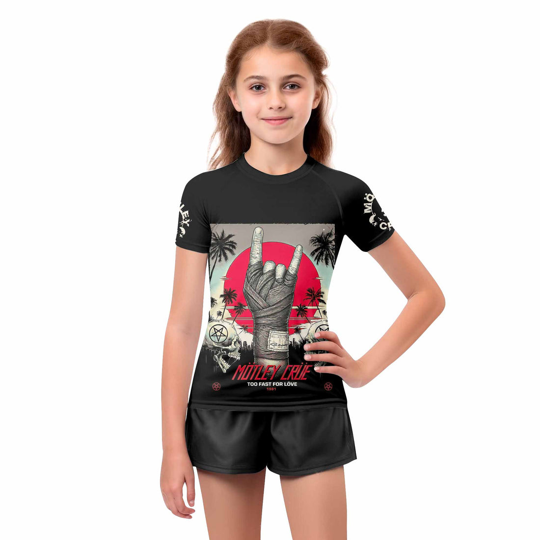 Mötley Crüe Too Fast for Love Kids Rash Guard Short Sleeve - boy's lifestyle view