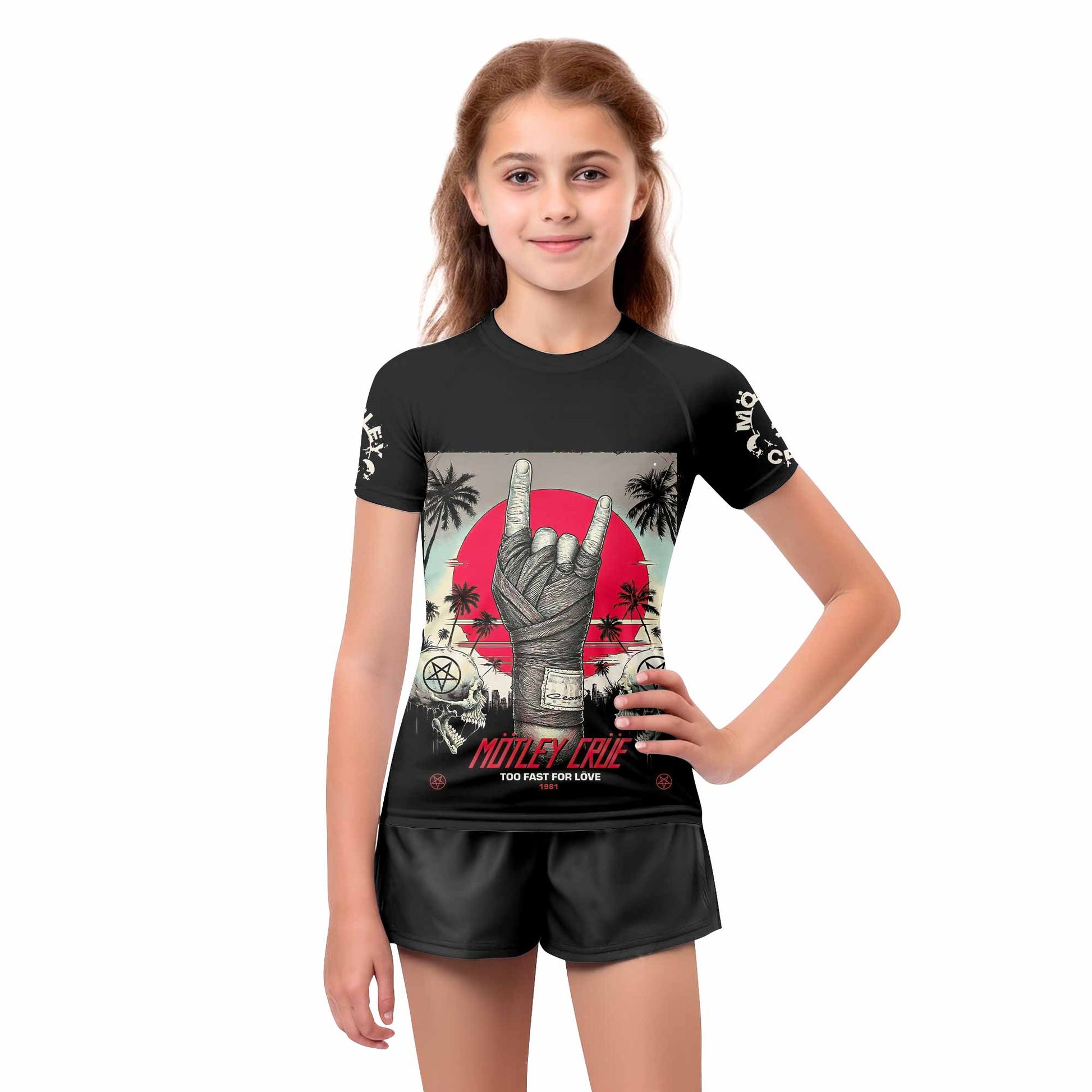 Mötley Crüe Too Fast for Love Kids Rash Guard Short Sleeve - girl's lifestyle view
