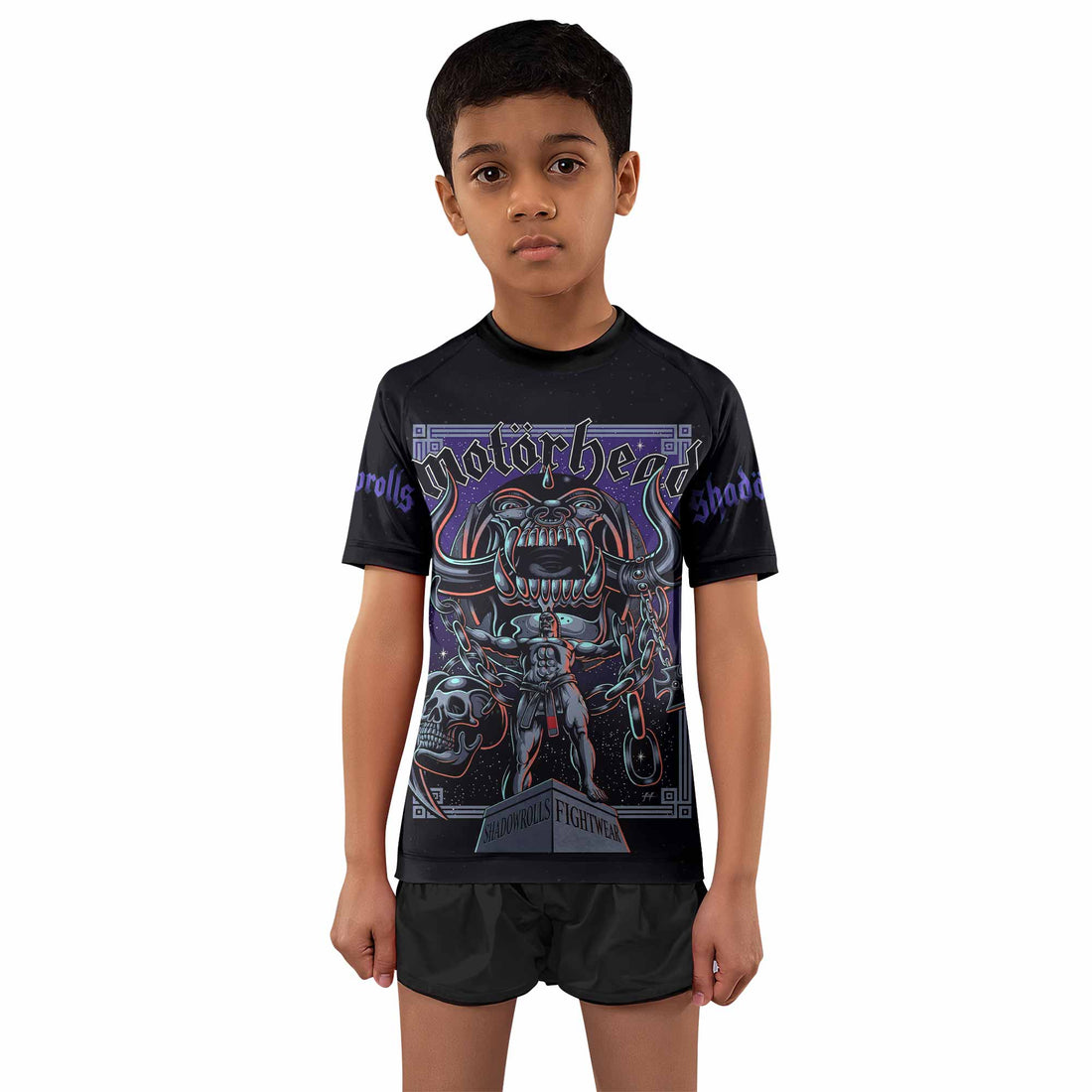 Motörhead England 1978 Kids Rash Guard Short Sleeve - boy's lifestyle view