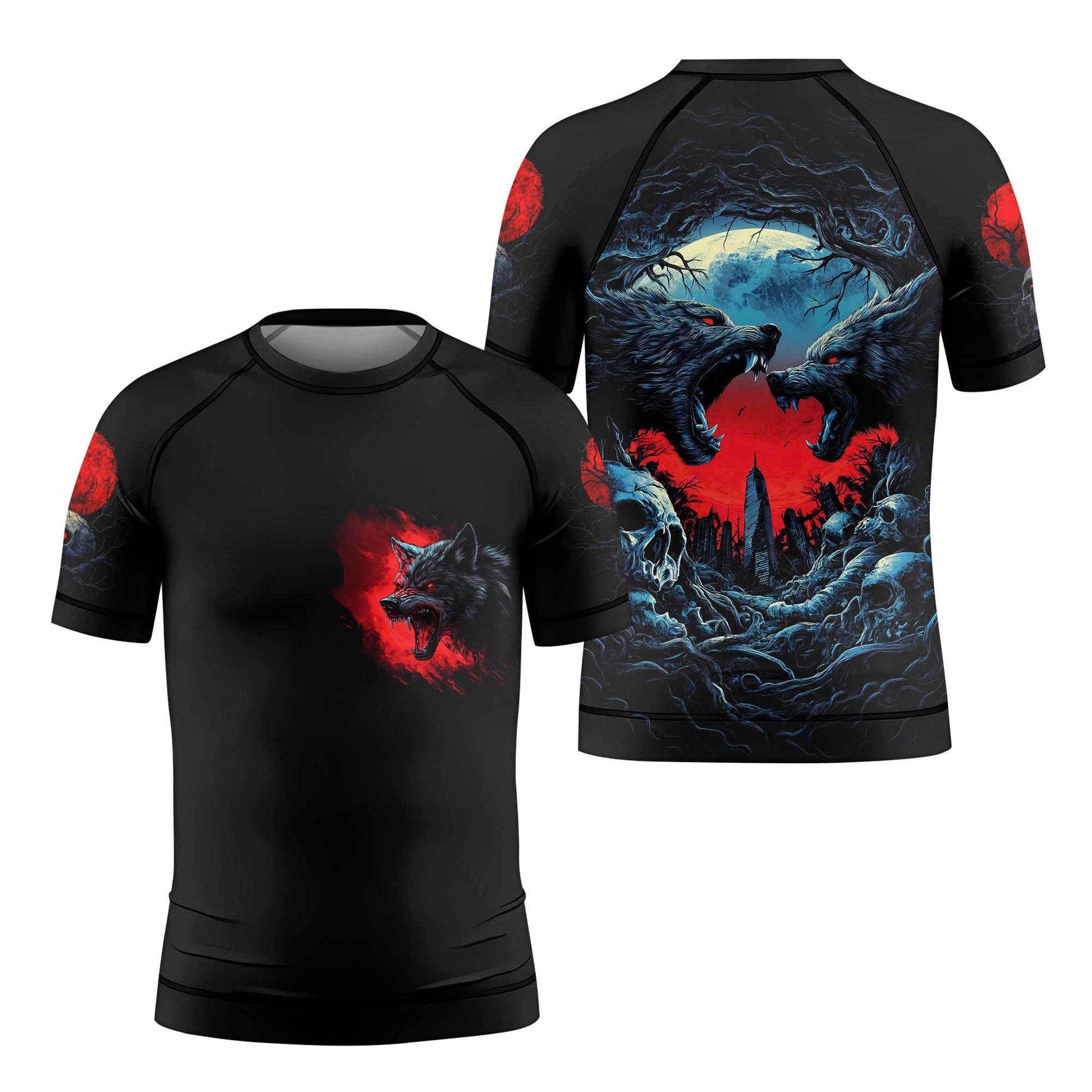 Twin Wolf Apocalypse Kids Rash Guard Short Sleeve - front and back view
