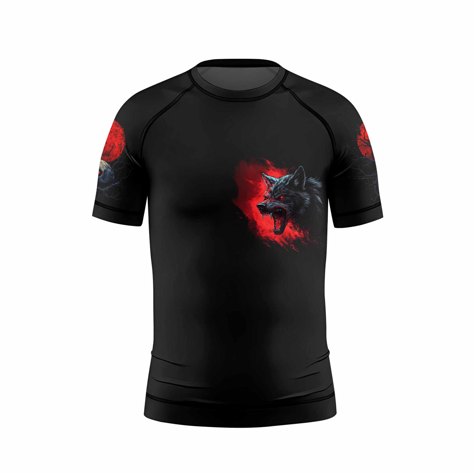 Twin Wolf Apocalypse Kids Rash Guard Short Sleeve - front view mockup