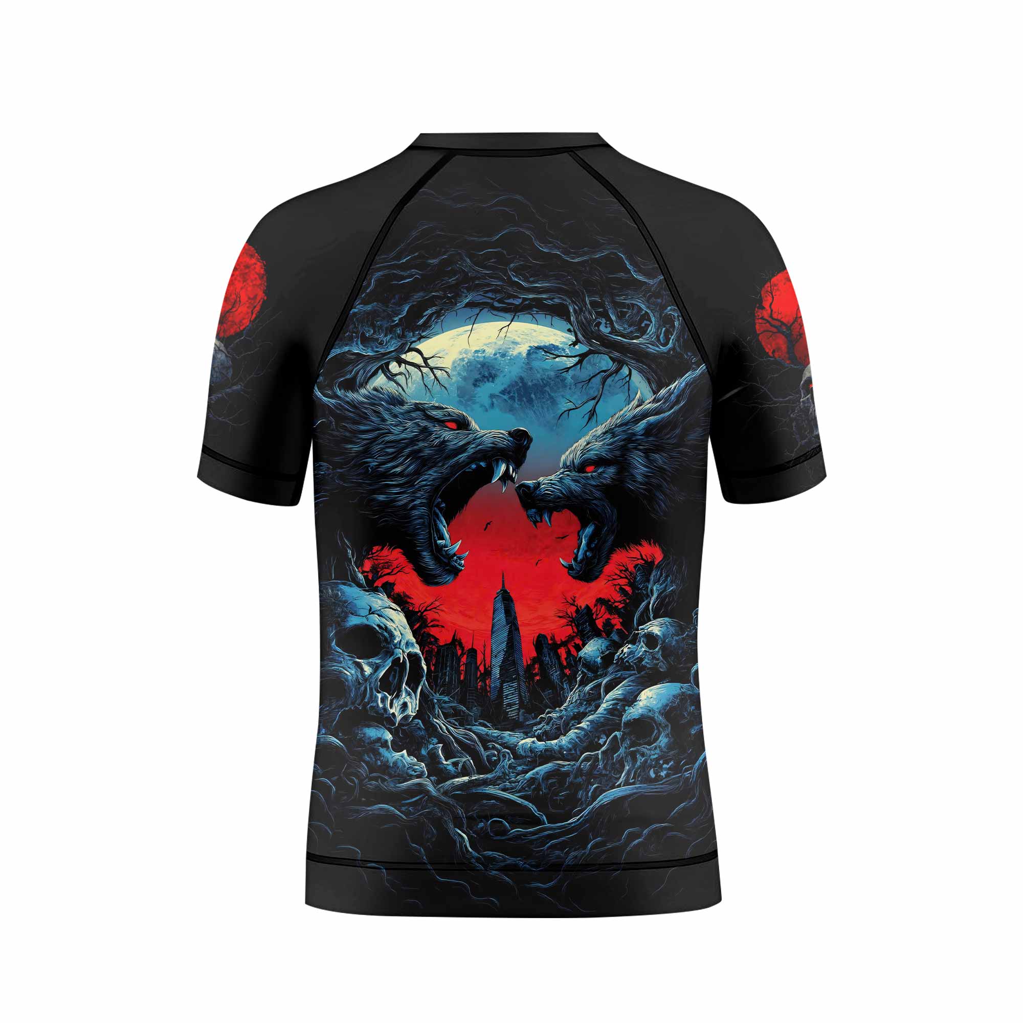 Twin Wolf Apocalypse Kids Rash Guard Short Sleeve - back view mockup