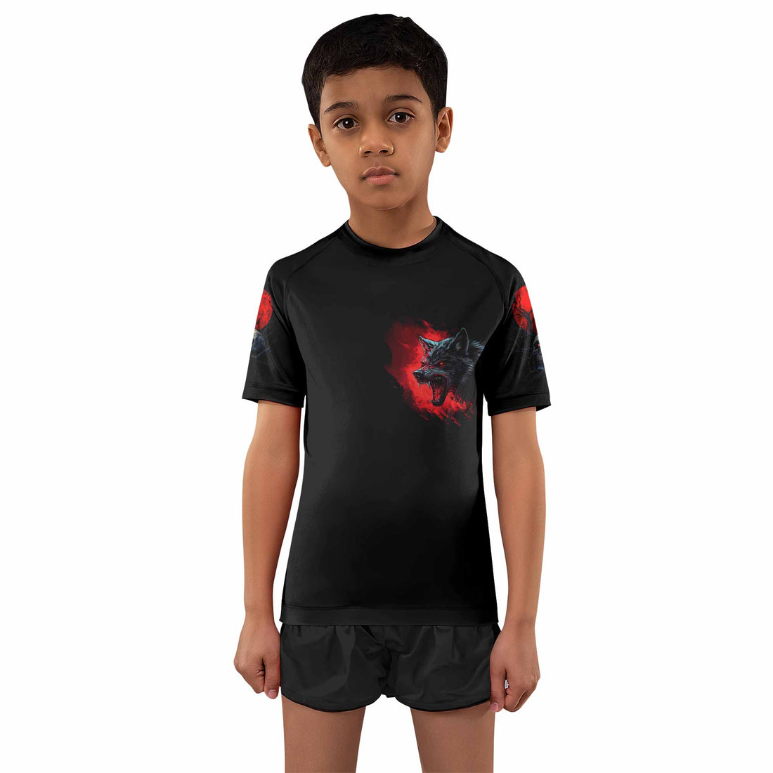 Twin Wolf Apocalypse Kids Rash Guard Short Sleeve - boy's lifestyle view