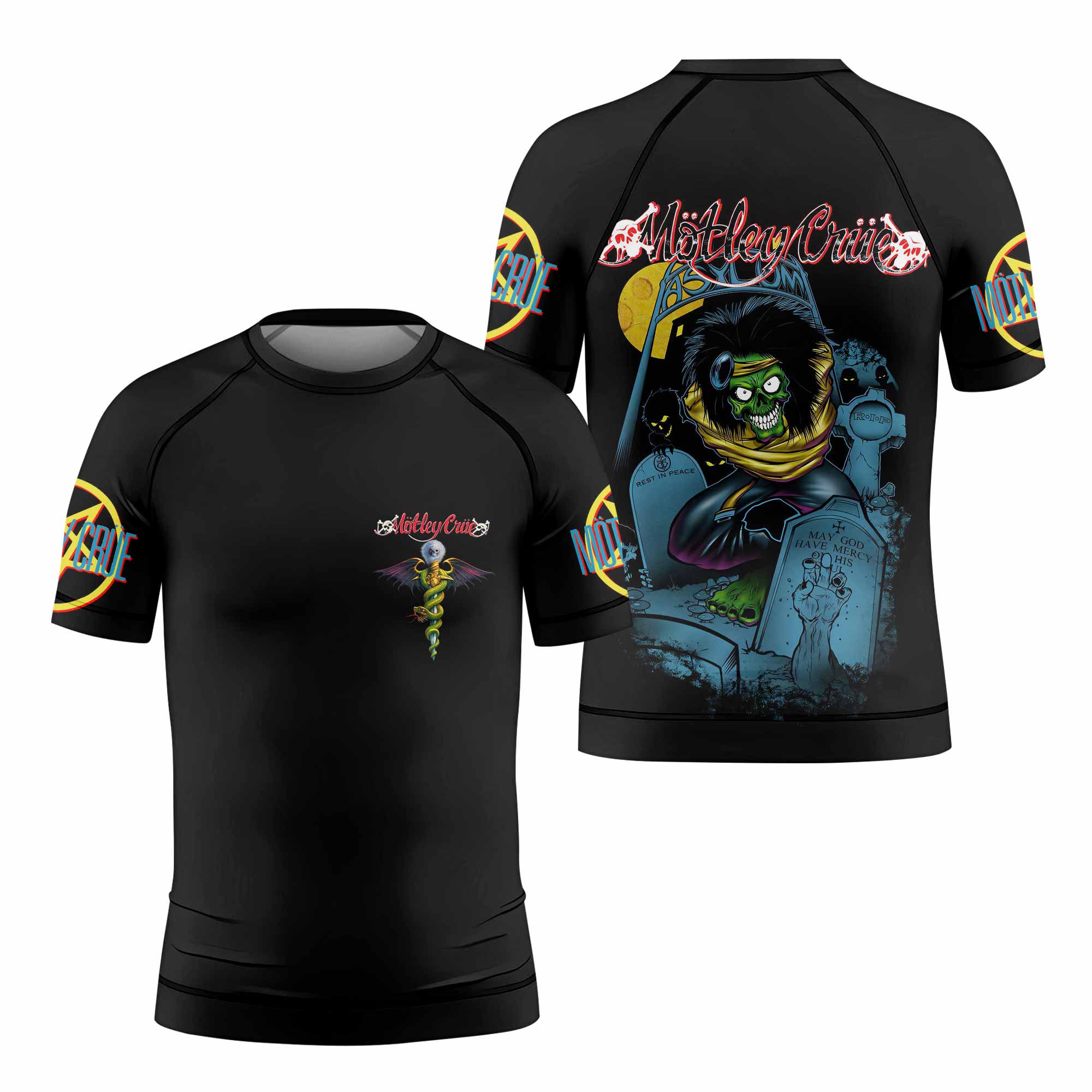Mötley Crüe Dr. Feelgood Kids Rash Guard Short Sleeve - front and back view