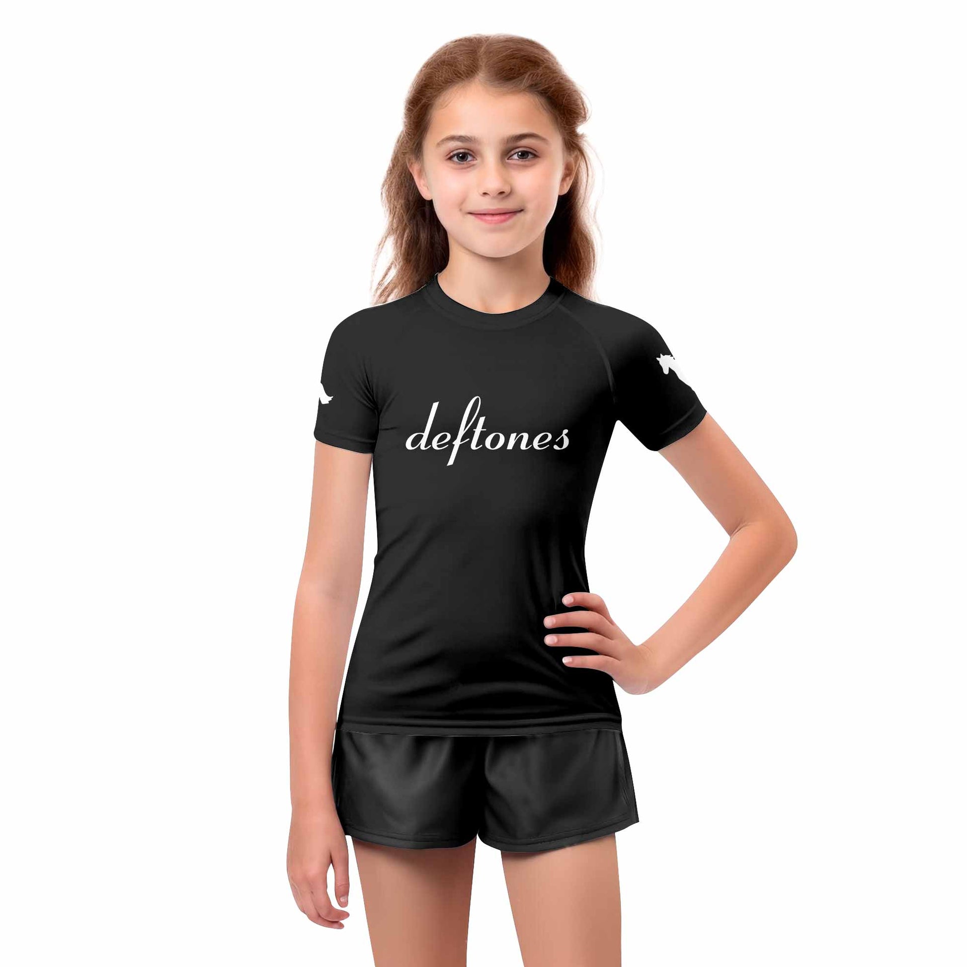 Deftones Cigarette Vintage Kids Rash Guard Short Sleeve - girl's lifestyle view