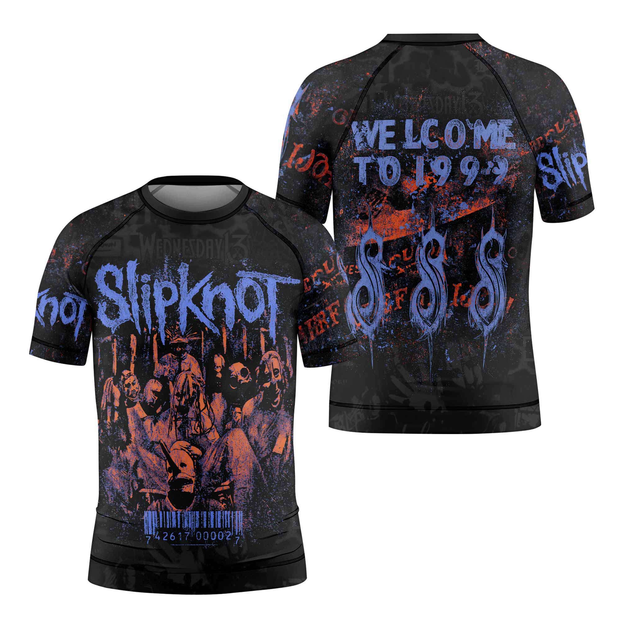 Slipknot Welcome To 1999 Kids Rash Guard Short Sleeve - front and back view