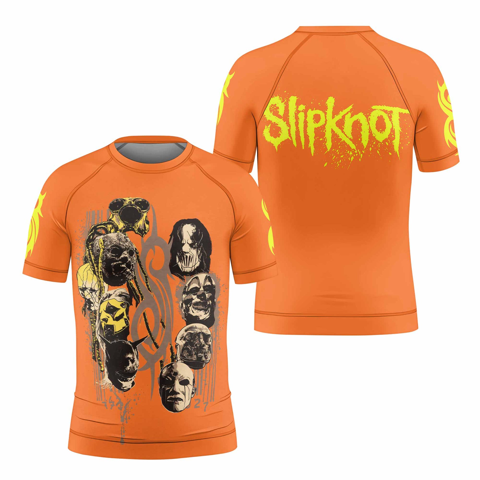 Slipknot Splatter Orange Kids Rash Guard Short Sleeve - front and back view