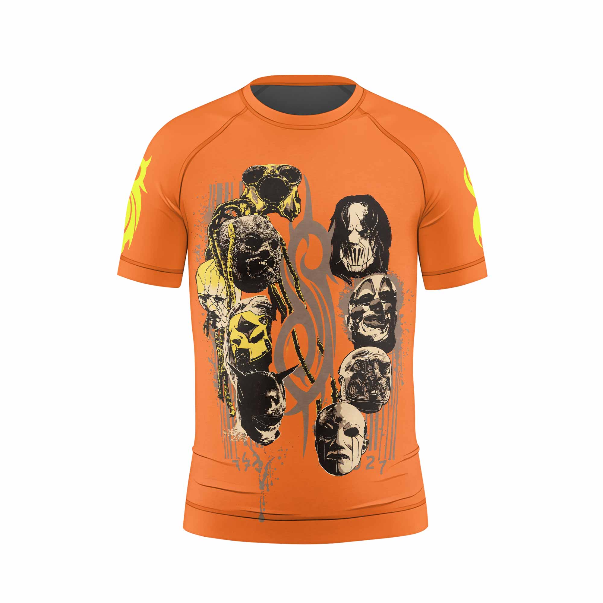 Slipknot Splatter Orange Kids Rash Guard Short Sleeve - front view mockup