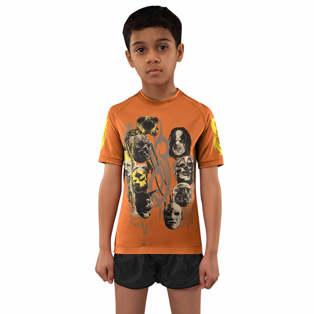 Slipknot Splatter Orange Kids Rash Guard Short Sleeve - boy's lifestyle view