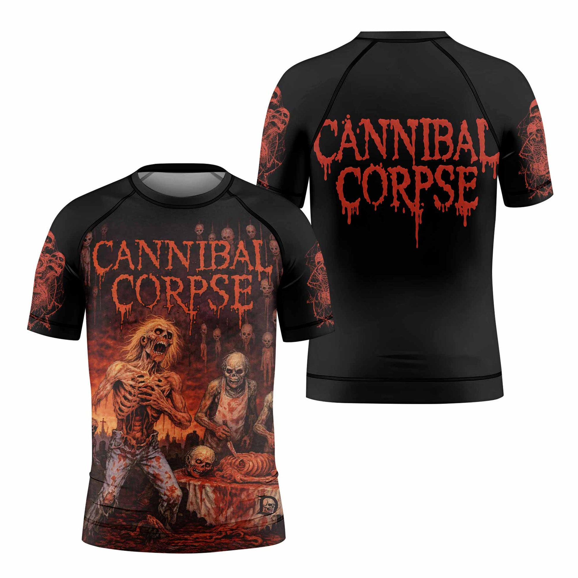 Cannibal Corpse Eaten Back to Life Kids Rash Guard Short Sleeve - front and back view
