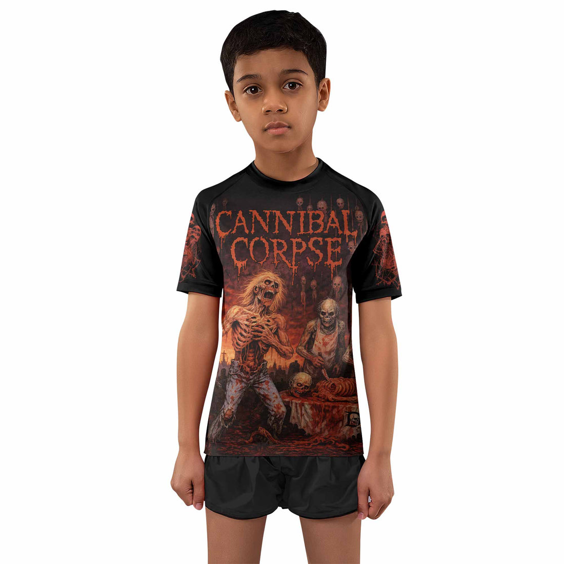 Cannibal Corpse Eaten Back to Life Kids Rash Guard Short Sleeve - boy's lifestyle view