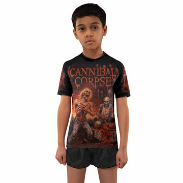 Cannibal Corpse Eaten Back to Life Kids Rash Guard Short Sleeve - boy's lifestyle view