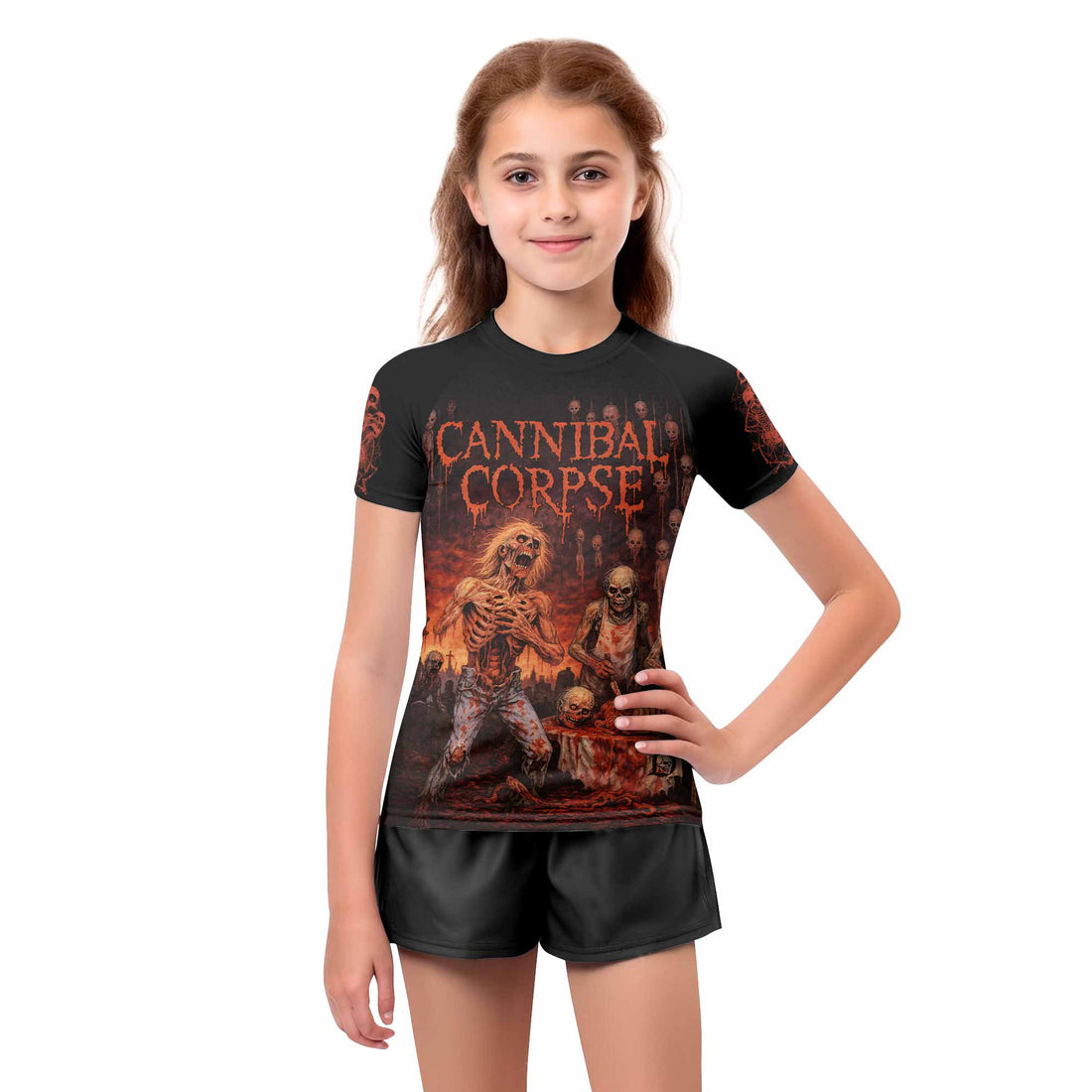 Cannibal Corpse Eaten Back to Life Kids Rash Guard Short Sleeve - boy's lifestyle view