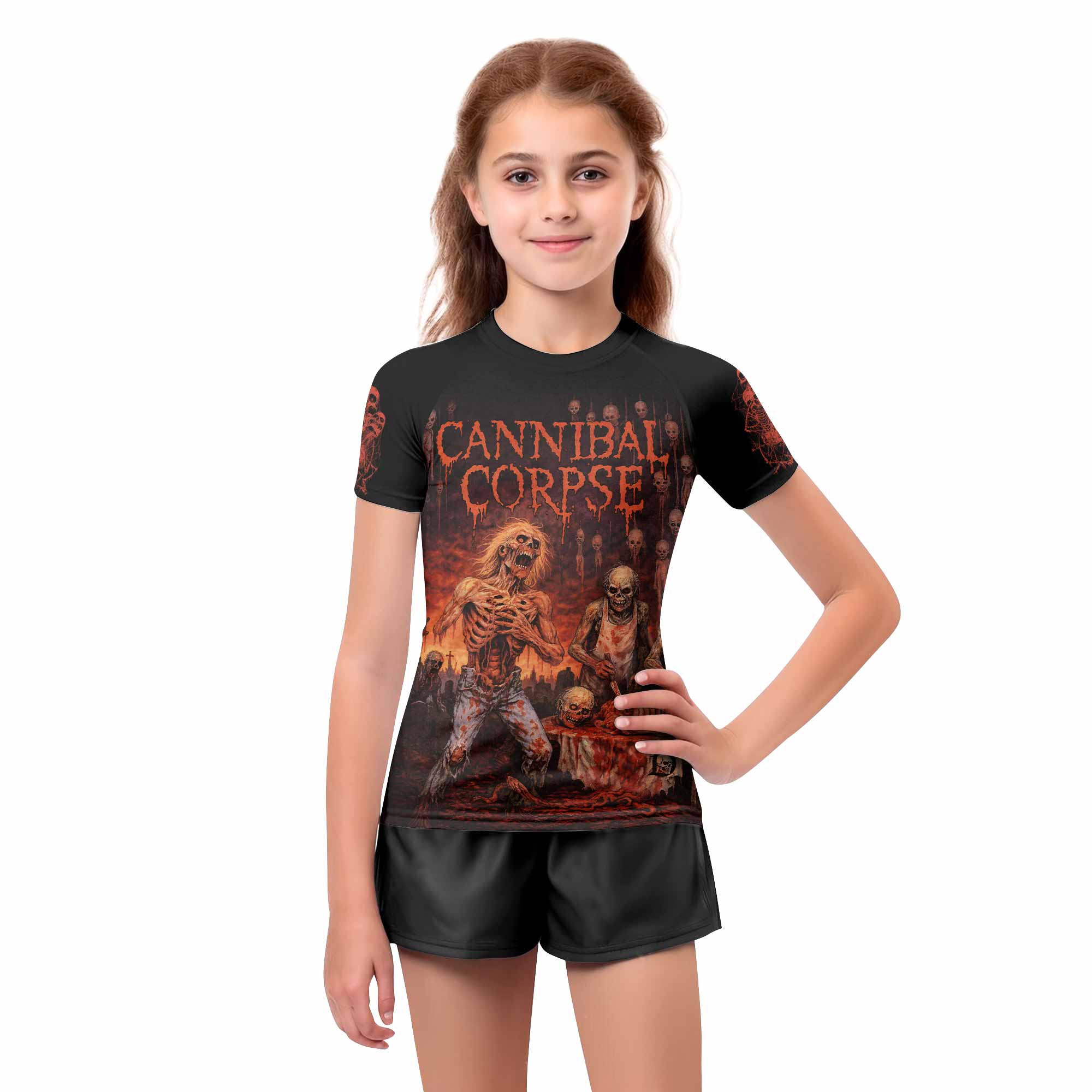 Cannibal Corpse Eaten Back to Life Kids Rash Guard Short Sleeve - girl's lifestyle view