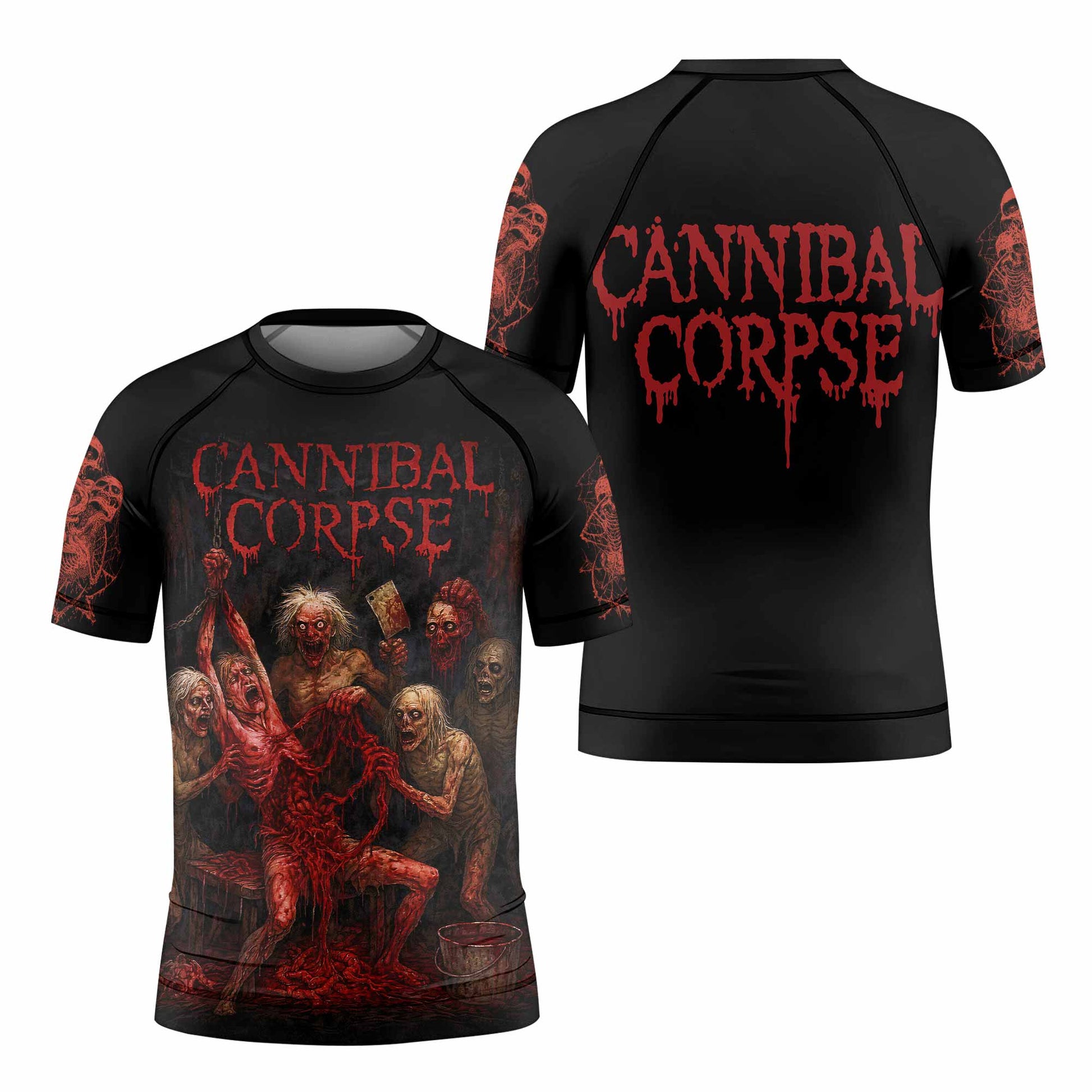 Butchered at Birth Cannibal Corpse Kids Rash Guard Short Sleeve - front and back view