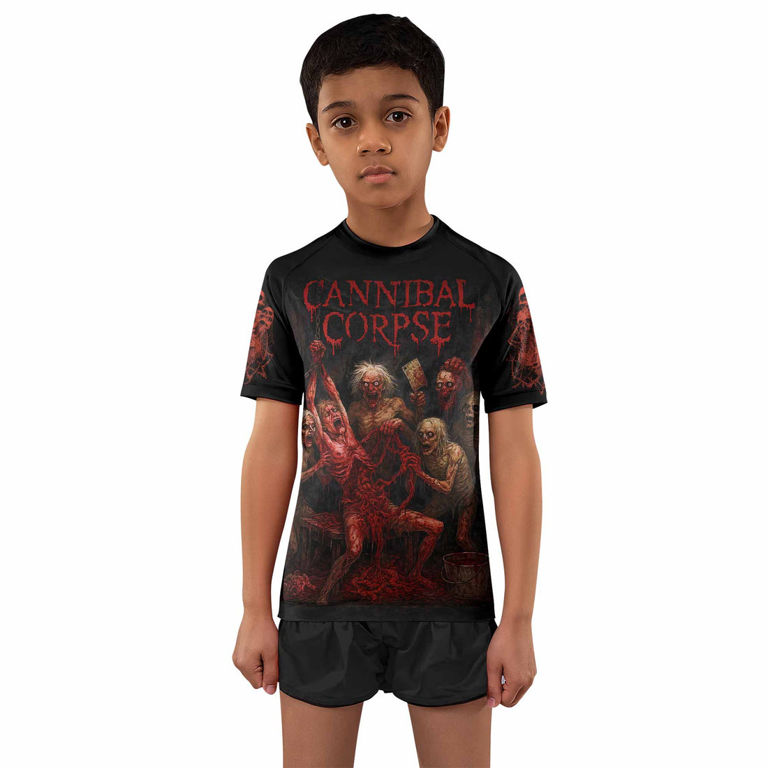 Butchered at Birth Cannibal Corpse Kids Rash Guard Short Sleeve - boy's lifestyle view