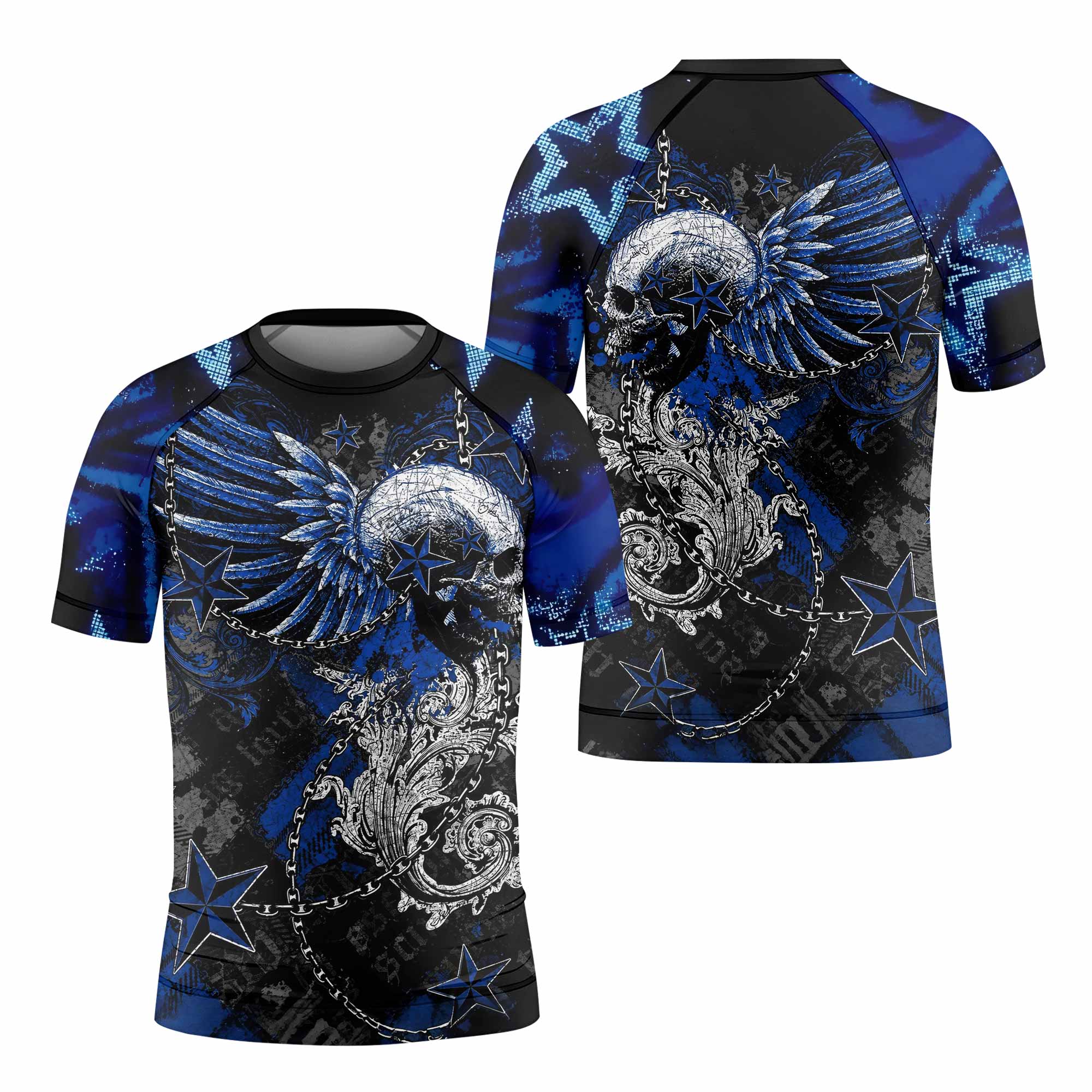 Blue Winged Skull Kids Rash Guard Short Sleeve - front and back view