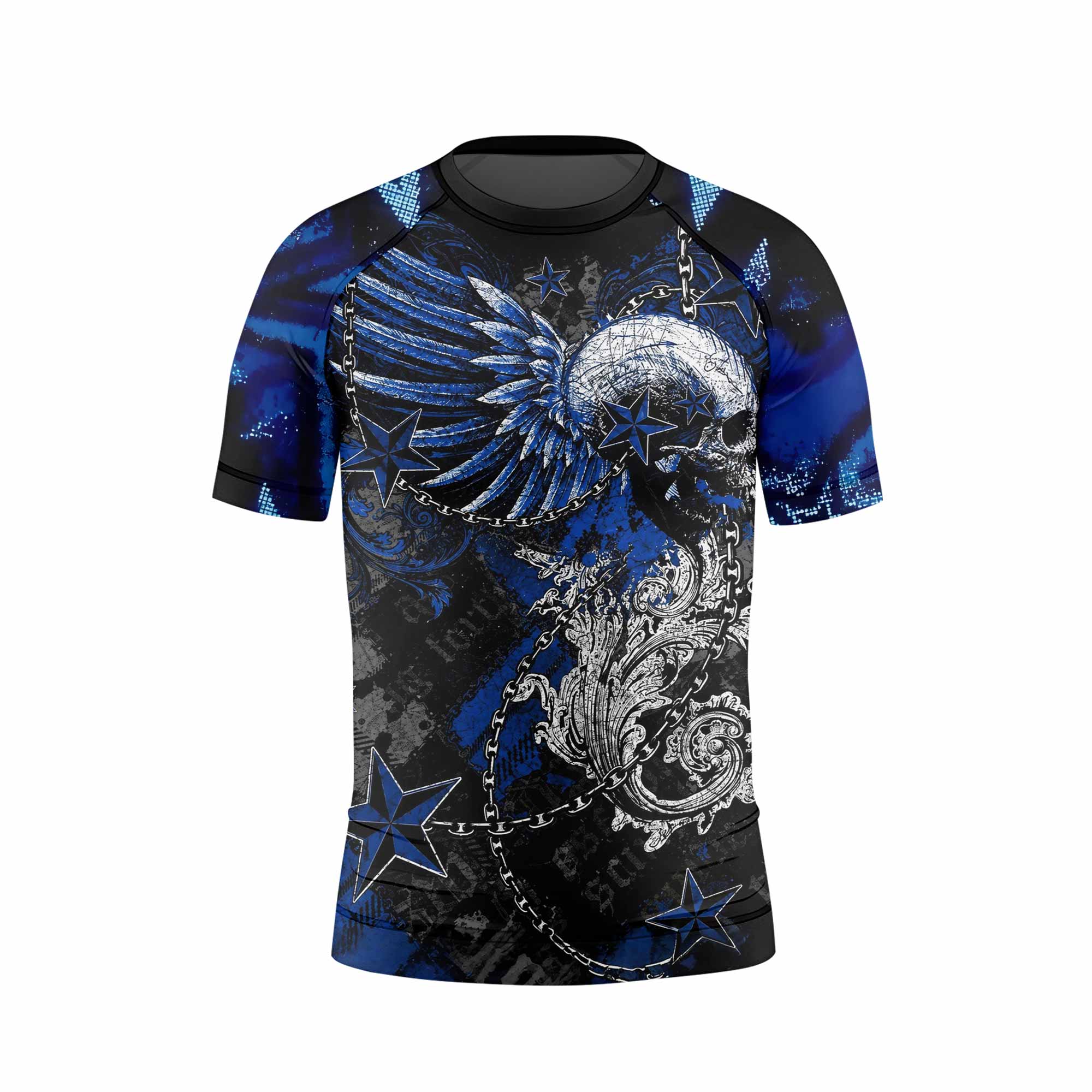 Blue Winged Skull Kids Rash Guard Short Sleeve - front view mockup