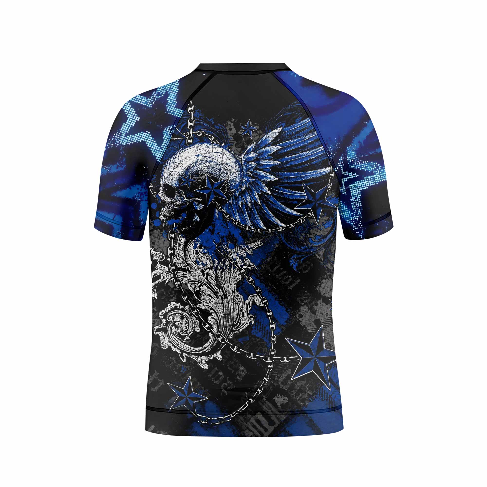 Blue Winged Skull Kids Rash Guard Short Sleeve - back view mockup