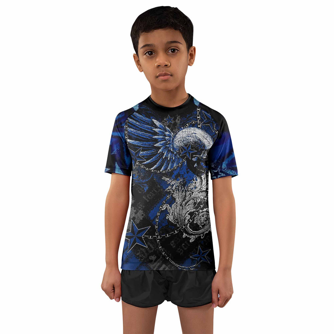 Blue Winged Skull Kids Rash Guard Short Sleeve - boy's lifestyle view