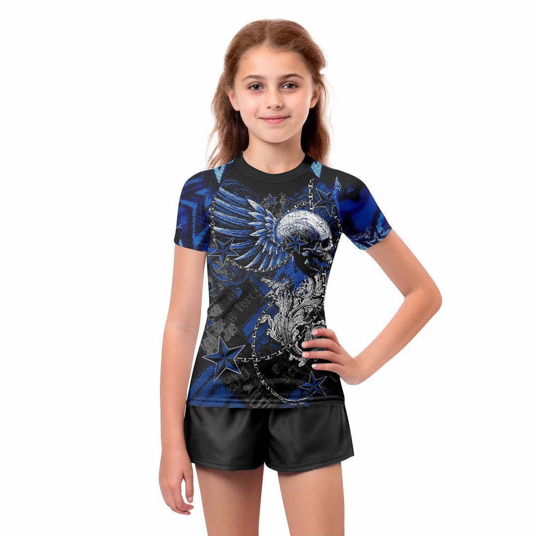 Blue Winged Skull Kids Rash Guard Short Sleeve - boy's lifestyle view
