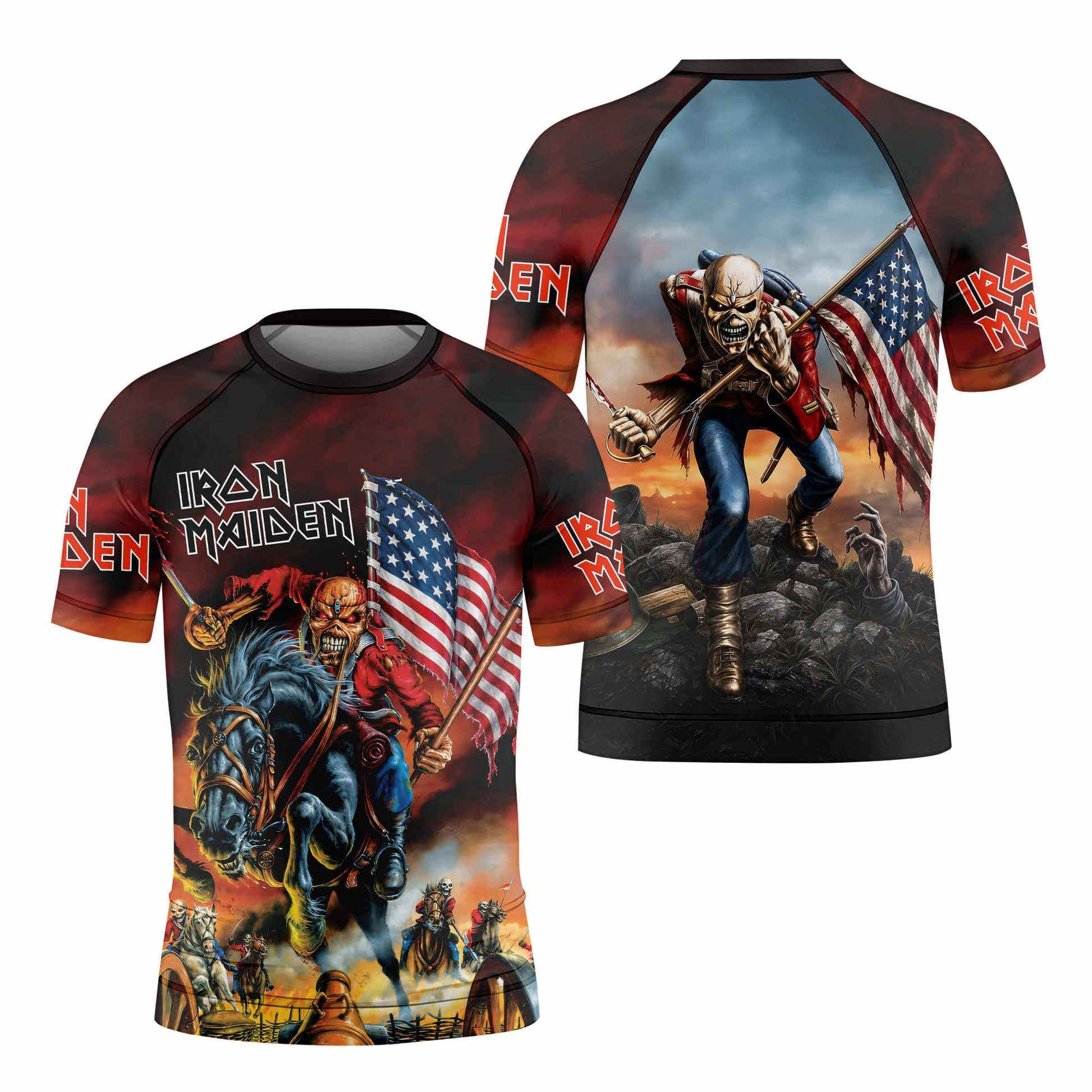 Iron Maiden American Flag Kids Rash Guard Short Sleeve - front and back view