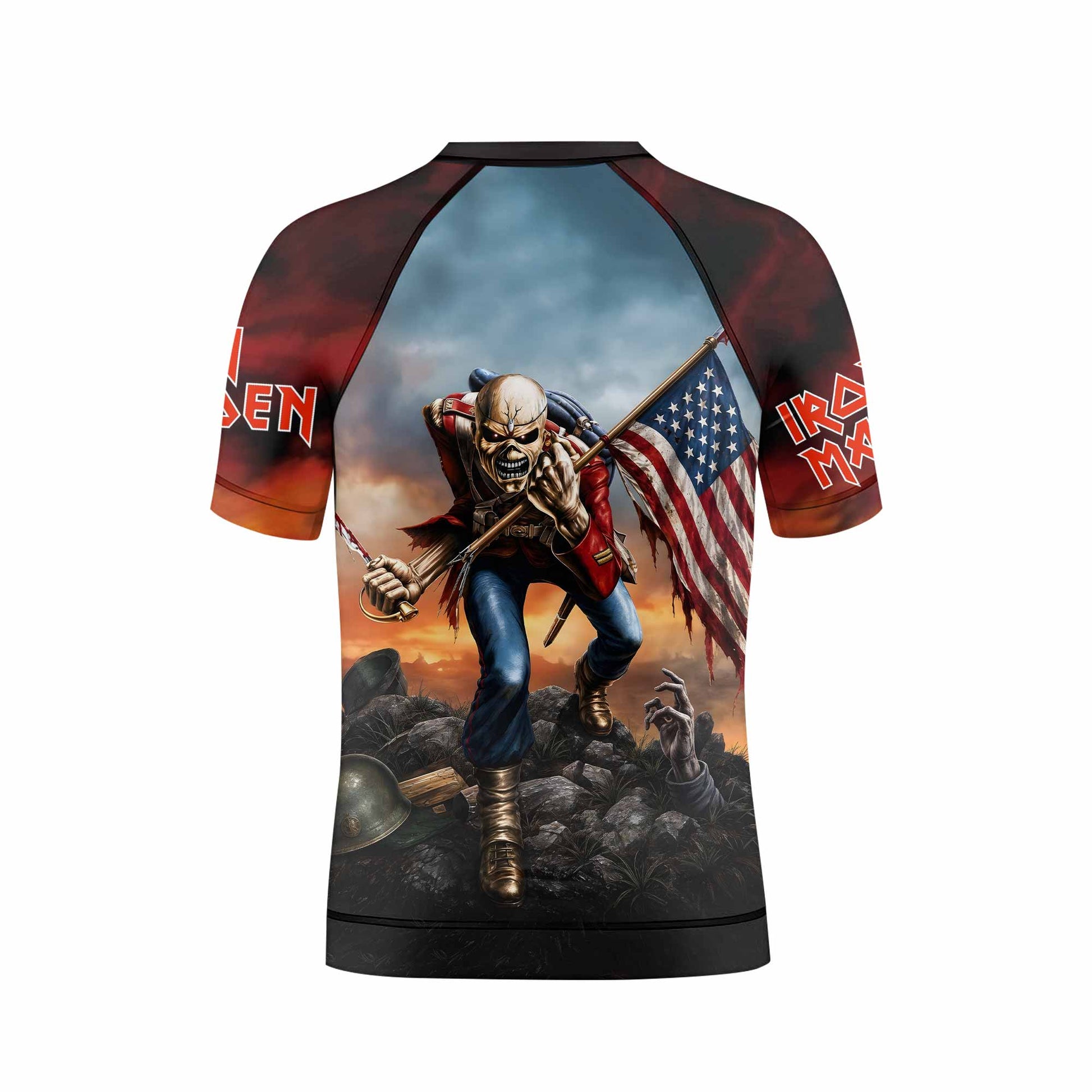 Iron Maiden American Flag Kids Rash Guard Short Sleeve - back view mockup