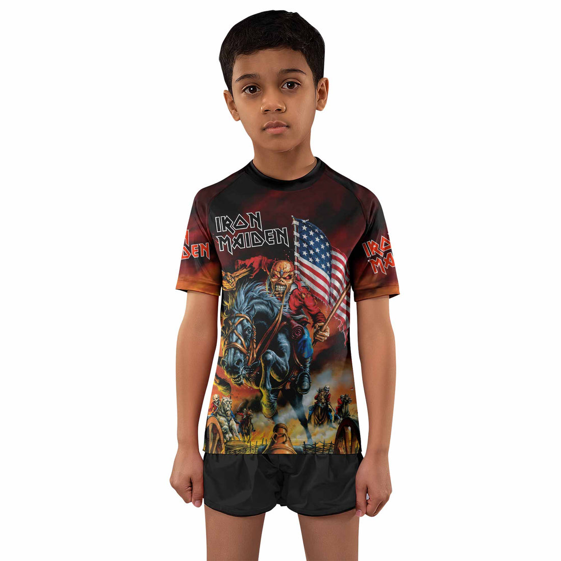 Iron Maiden American Flag Kids Rash Guard Short Sleeve - boy's lifestyle view