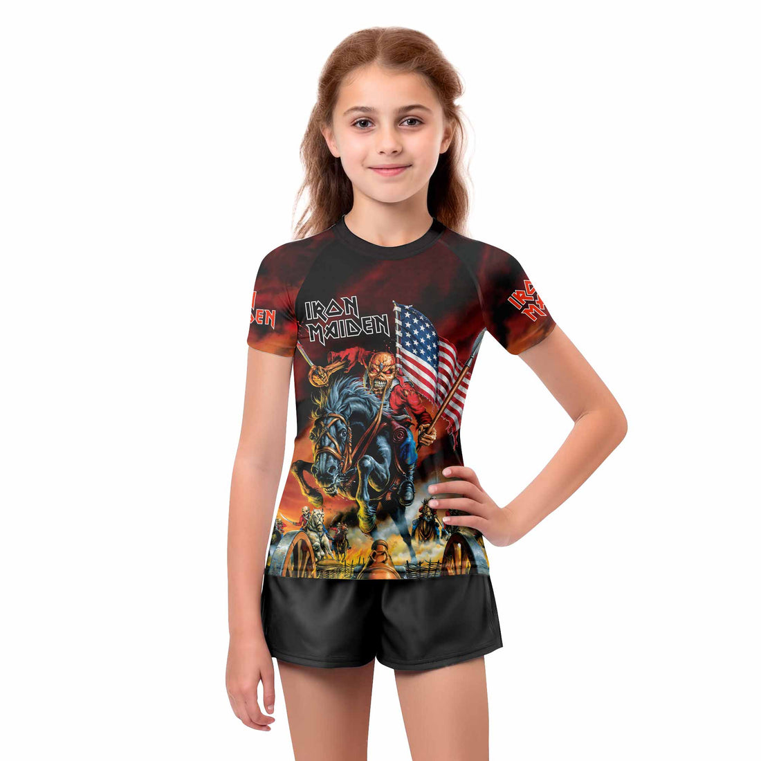 Iron Maiden American Flag Kids Rash Guard Short Sleeve - boy's lifestyle view