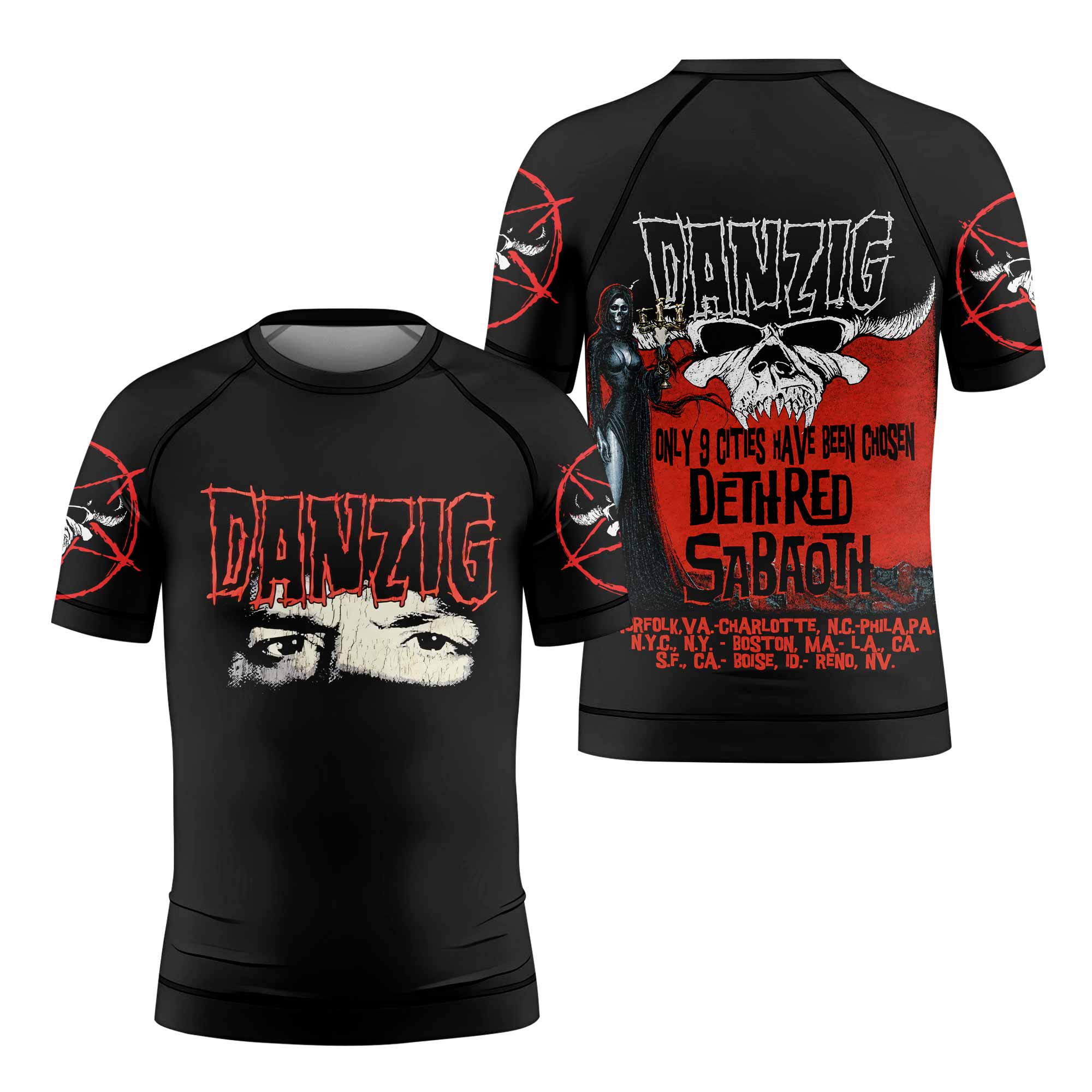 Danzig Deth Red Sabaoth Kids Rash Guard Short Sleeve - front and back view