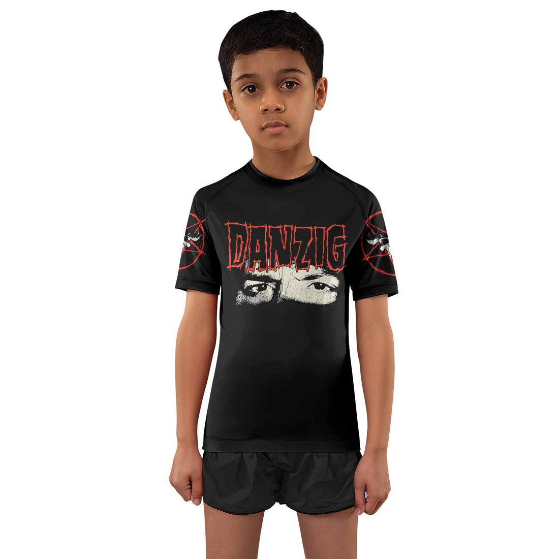 Danzig Deth Red Sabaoth Kids Rash Guard Short Sleeve - boy's lifestyle view