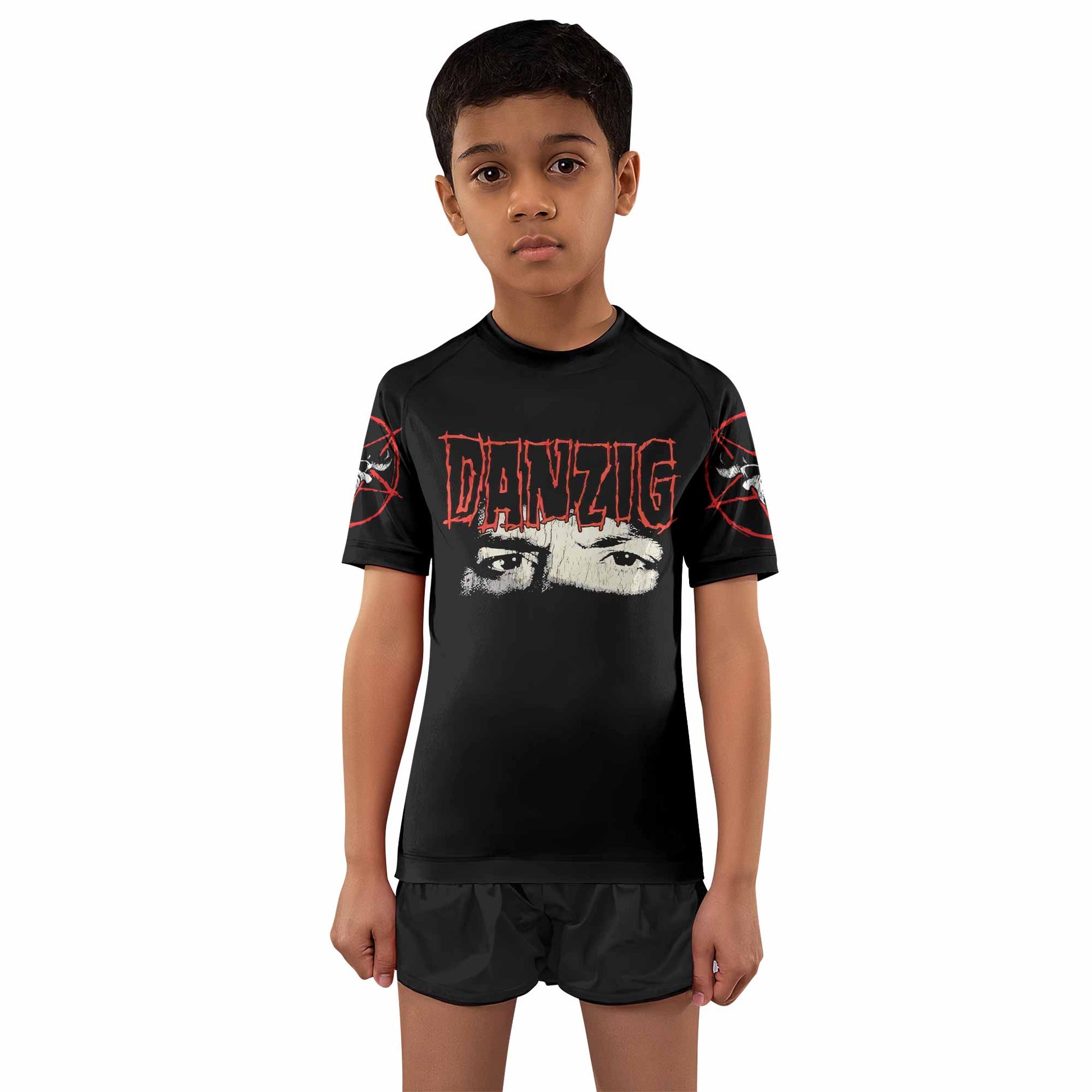 Danzig Deth Red Sabaoth Kids Rash Guard Short Sleeve - boy's lifestyle view