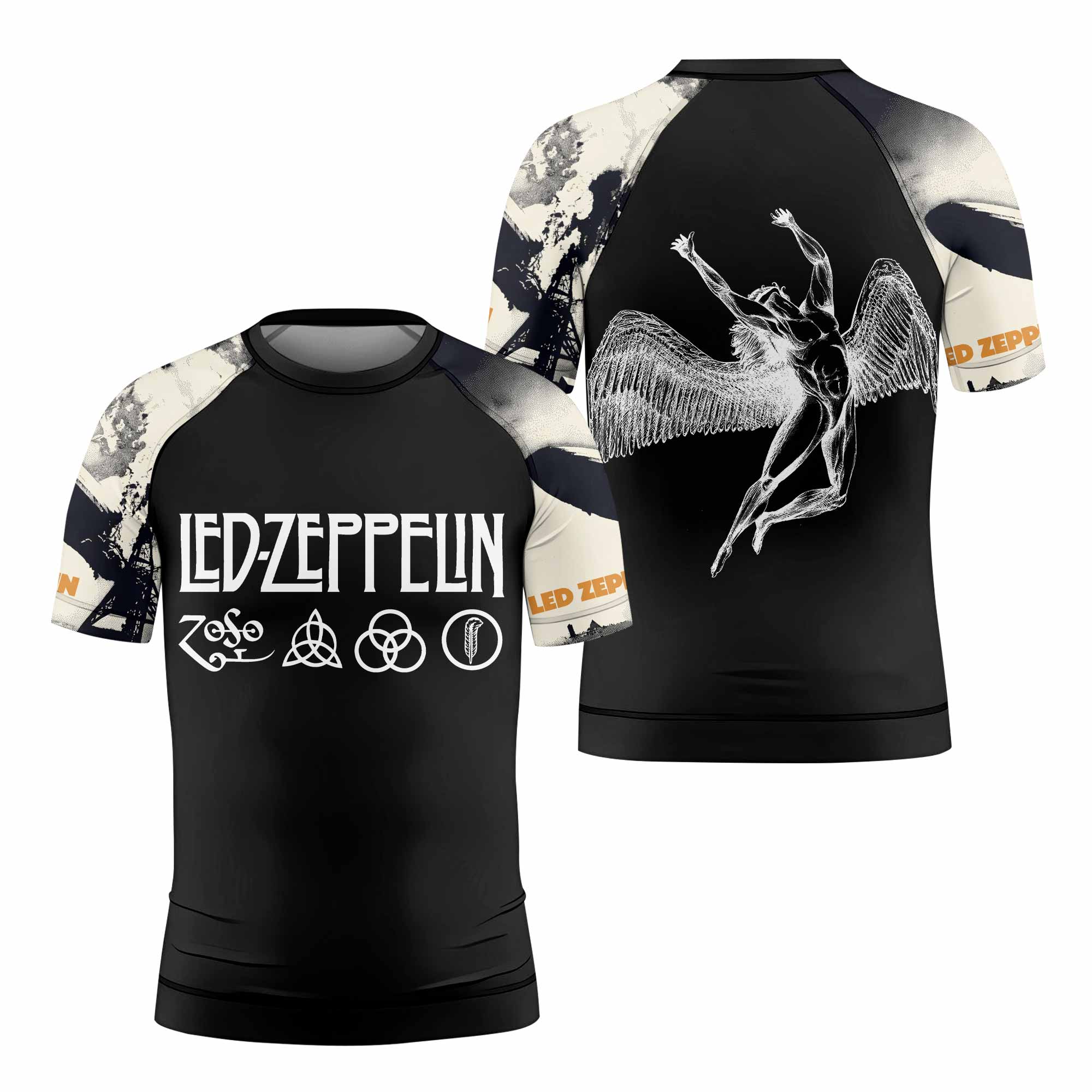 Led Zeppelin Kids Rash Guard Short Sleeve - front and back view