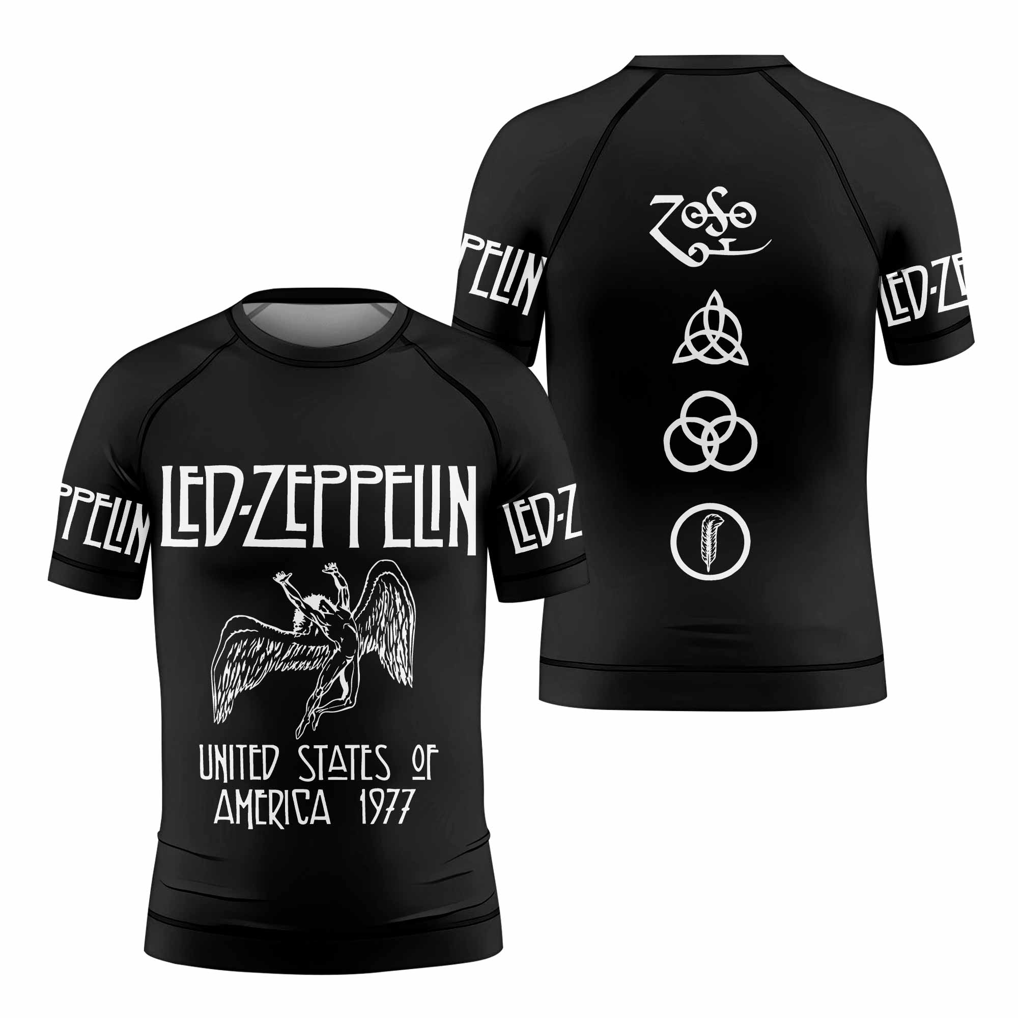 Led Zeppelin North American Tour 1977 Kids Rash Guard Short Sleeve - front and back view