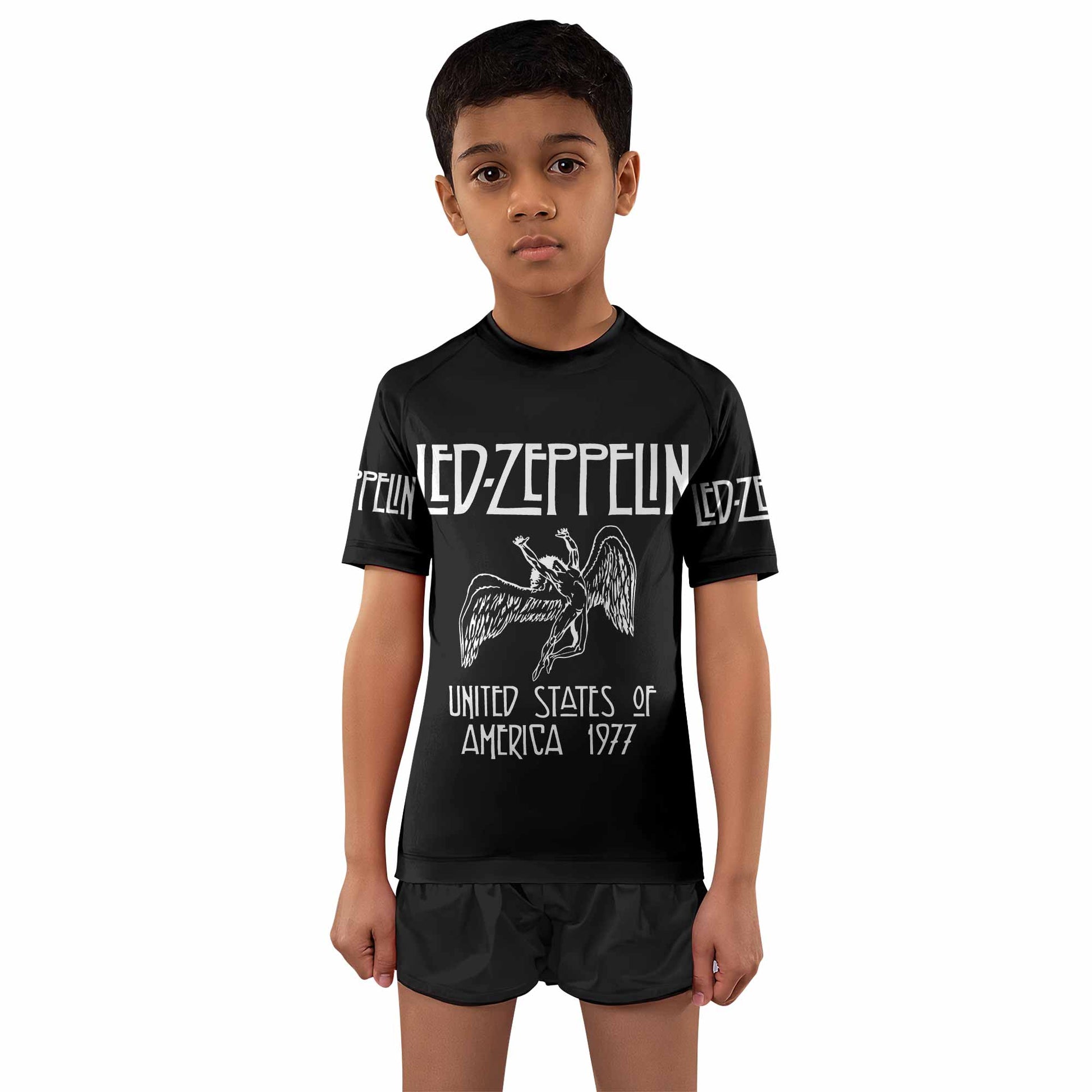 Led Zeppelin North American Tour 1977 Kids Rash Guard Short Sleeve - boy's lifestyle view