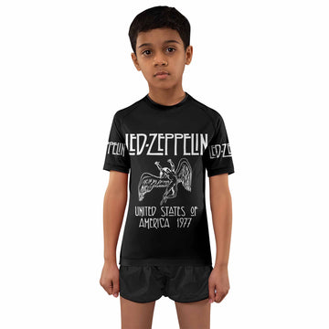 Led Zeppelin North American Tour 1977 Kids Rash Guard Short Sleeve - boy's lifestyle view